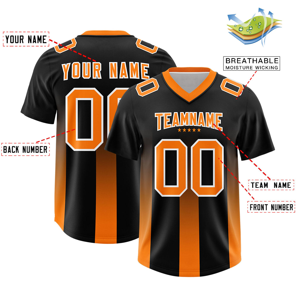Custom Black Orange Vertical Width Stripe Gradient Fashion Personalized Team American Football Jersey