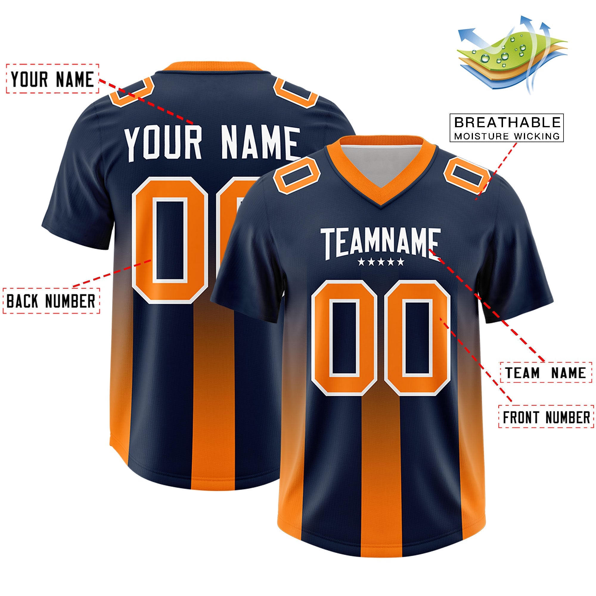 Custom Navy Orange Vertical Width Stripe Gradient Fashion Personalized Team American Football Jersey