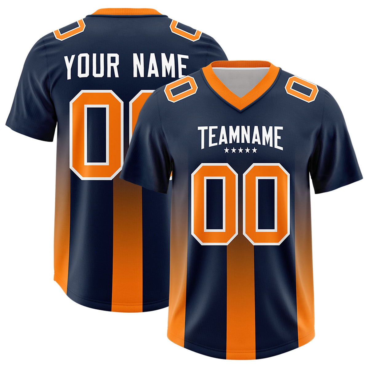 Custom Navy Orange Vertical Width Stripe Gradient Fashion Personalized Team American Football Jersey