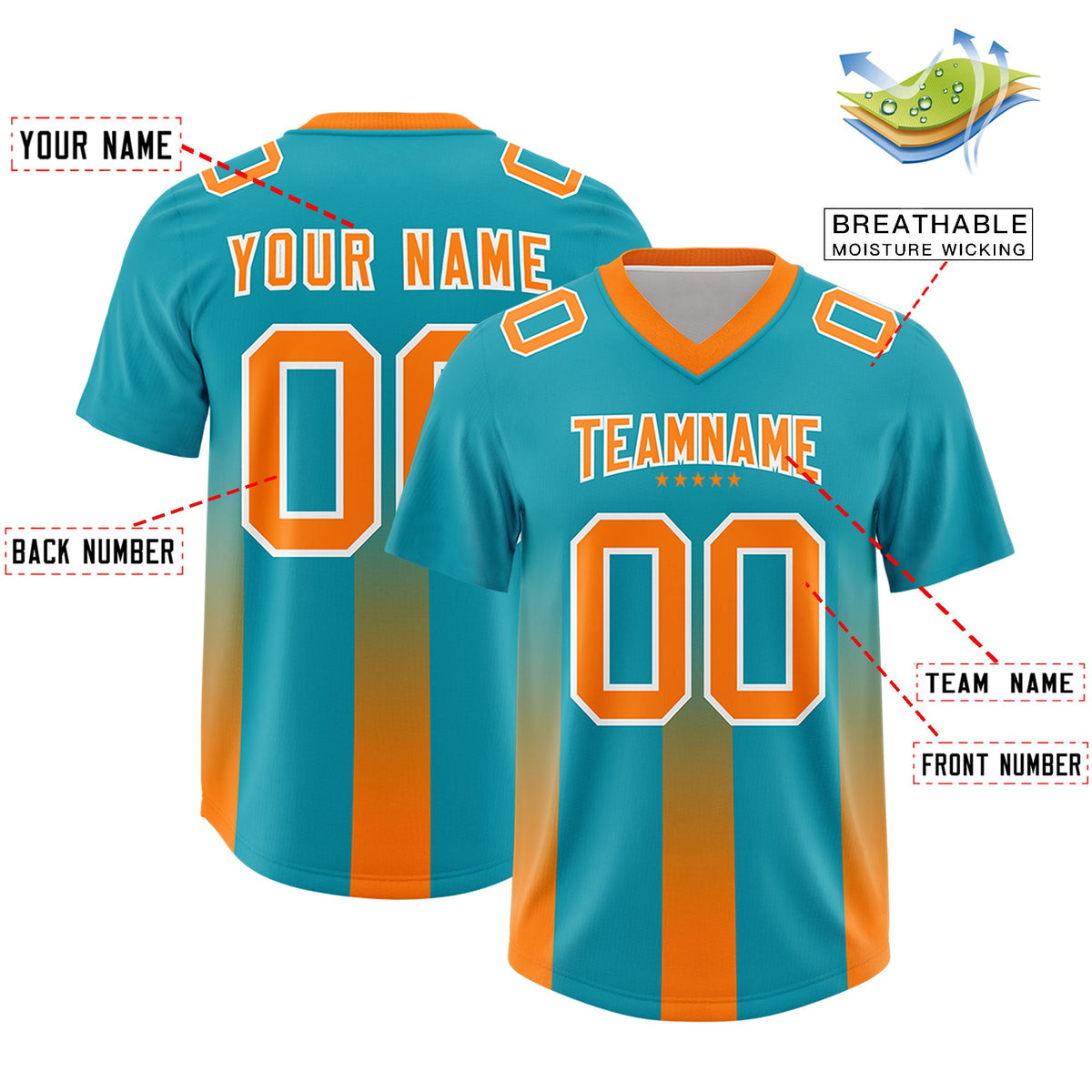 Custom Aqua Orange Vertical Width Stripe Gradient Fashion Personalized Team American Football Jersey
