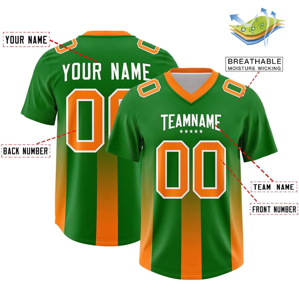 Custom Kelly Green Orange Vertical Width Stripe Gradient Fashion Personalized Team American Football Jersey