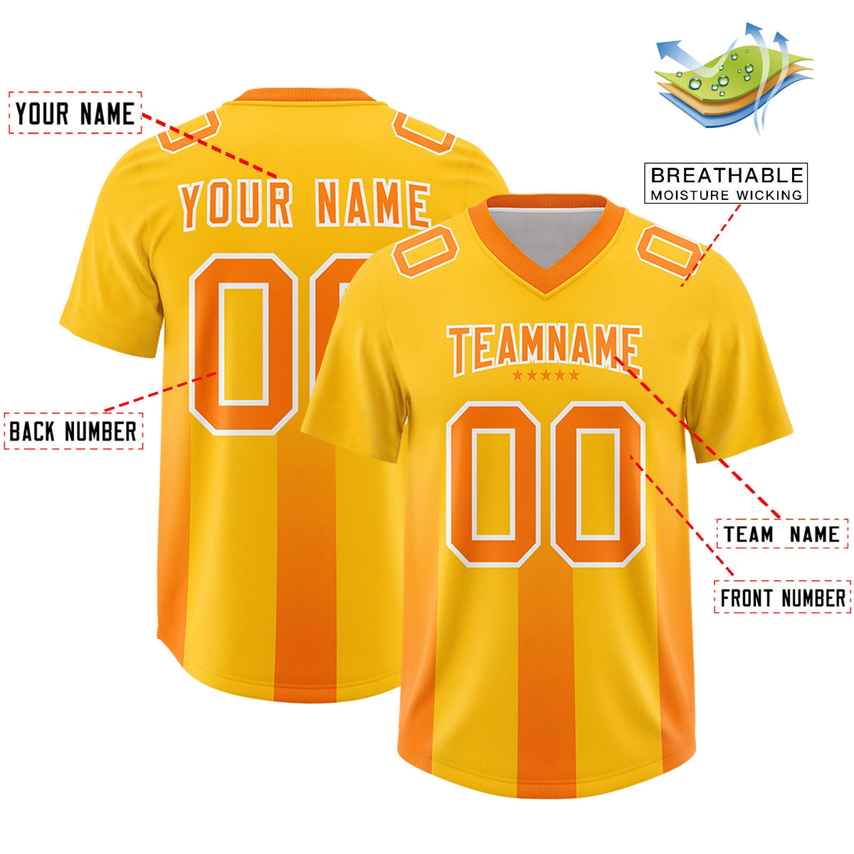 Custom Yellow Orange Vertical Width Stripe Gradient Fashion Personalized Team American Football Jersey