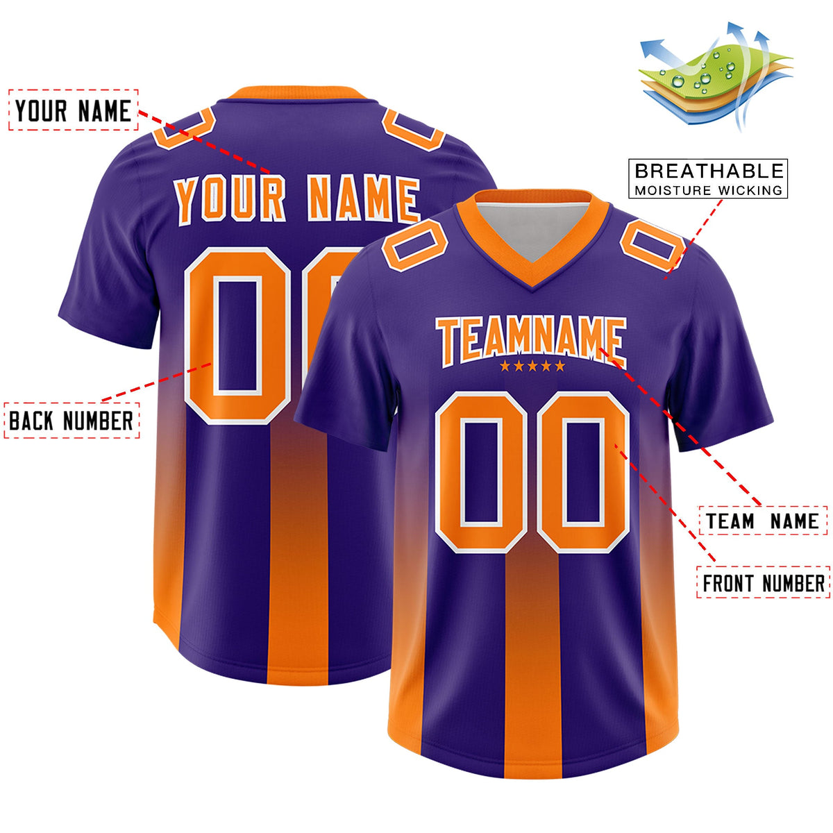 Custom Purple Orange Vertical Width Stripe Gradient Fashion Personalized Team American Football Jersey