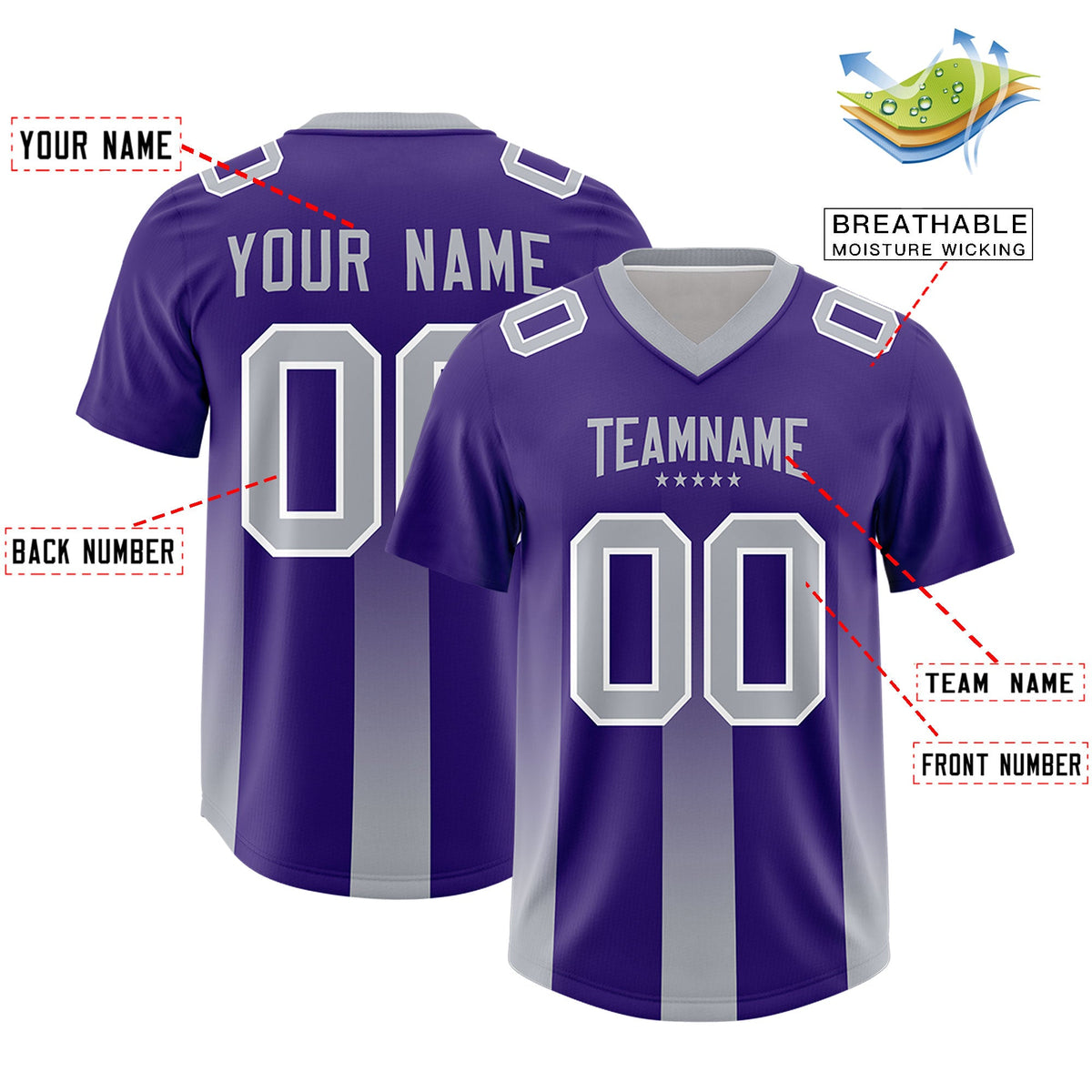 Custom Purple Gray Vertical Width Stripe Gradient Fashion Personalized Team American Football Jersey
