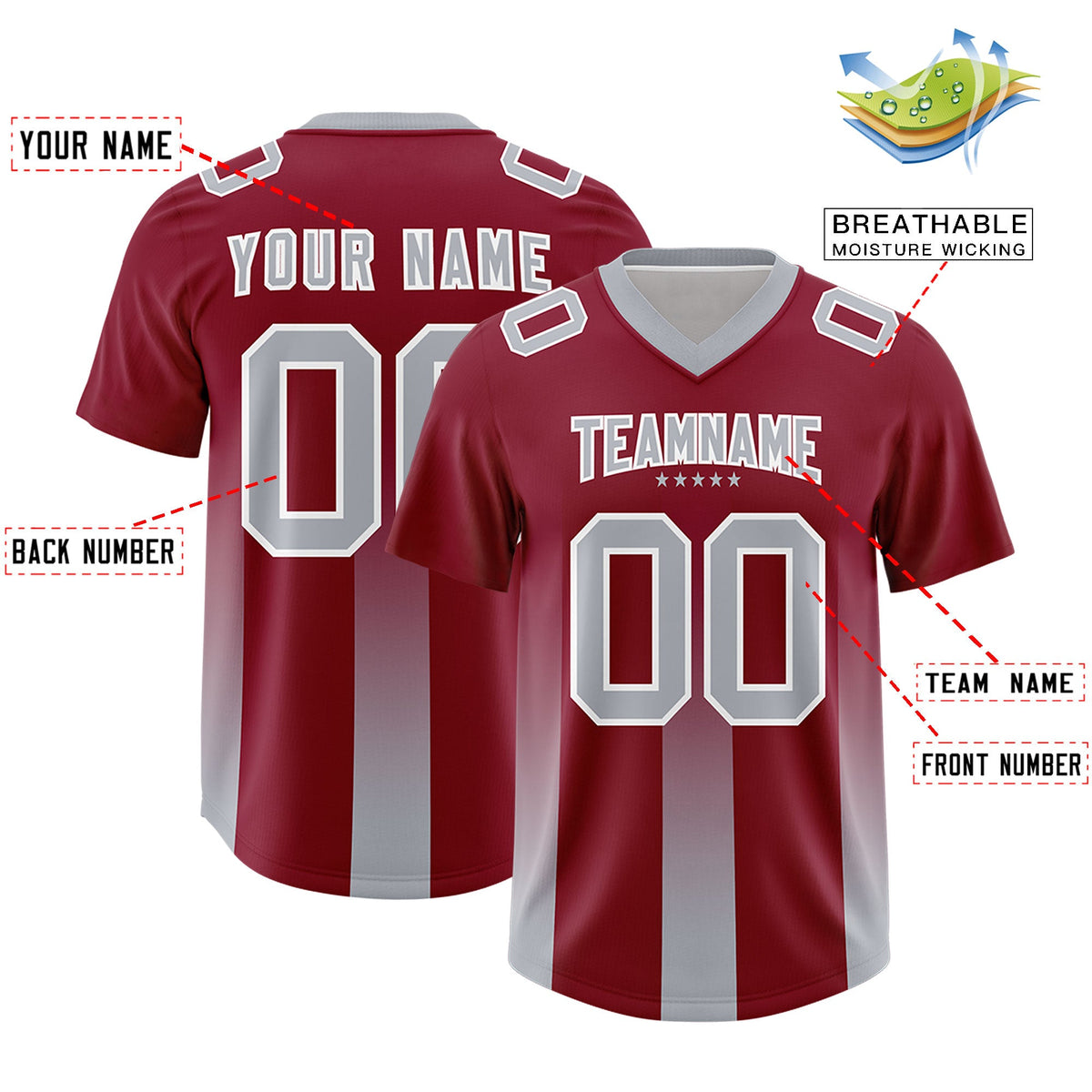 Custom Cardinal Gray Vertical Width Stripe Gradient Fashion Personalized Team American Football Jersey