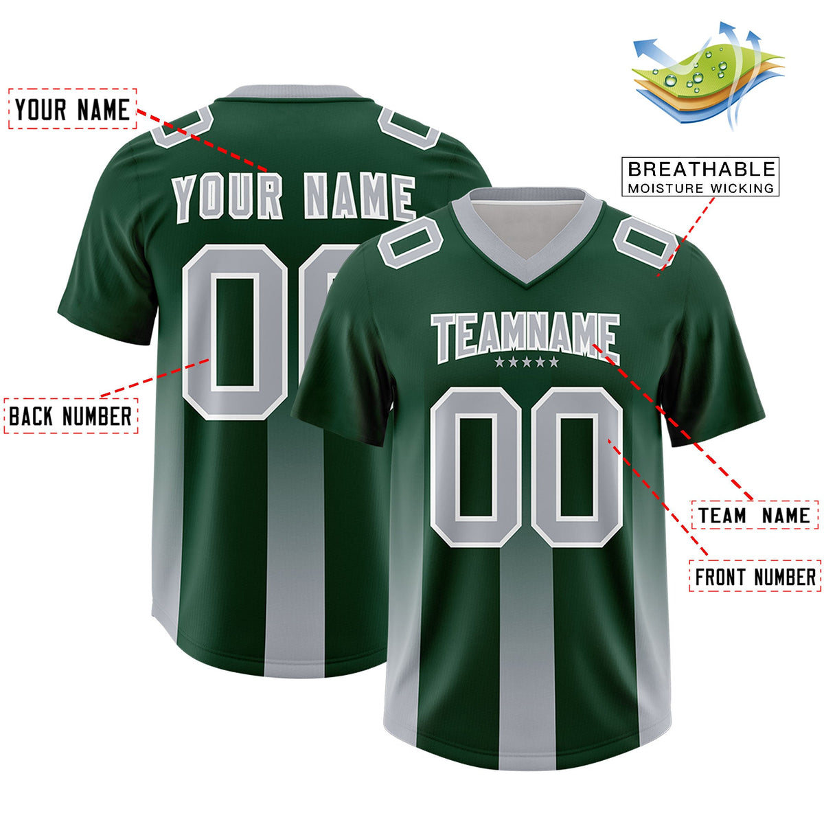Custom Green Gray Vertical Width Stripe Gradient Fashion Personalized Team American Football Jersey