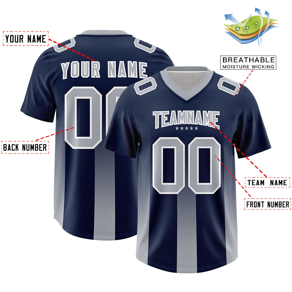Custom Navy Gray Vertical Width Stripe Gradient Fashion Personalized Team American Football Jersey