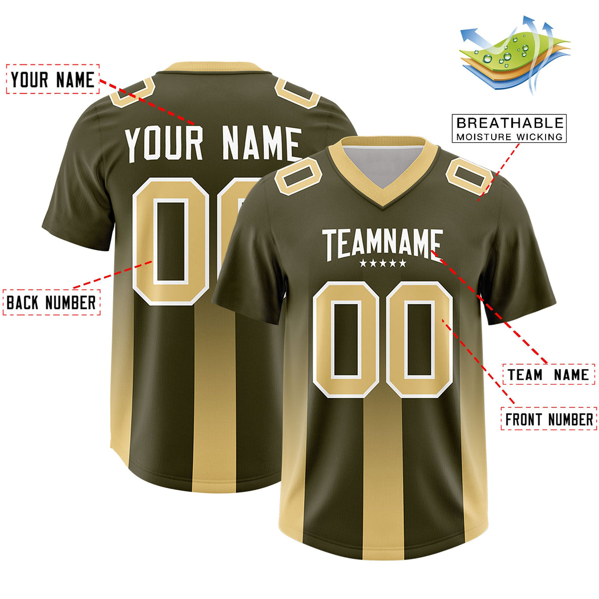 Custom Olive Khaki Vertical Width Stripe Gradient Fashion Personalized Team American Football Jersey