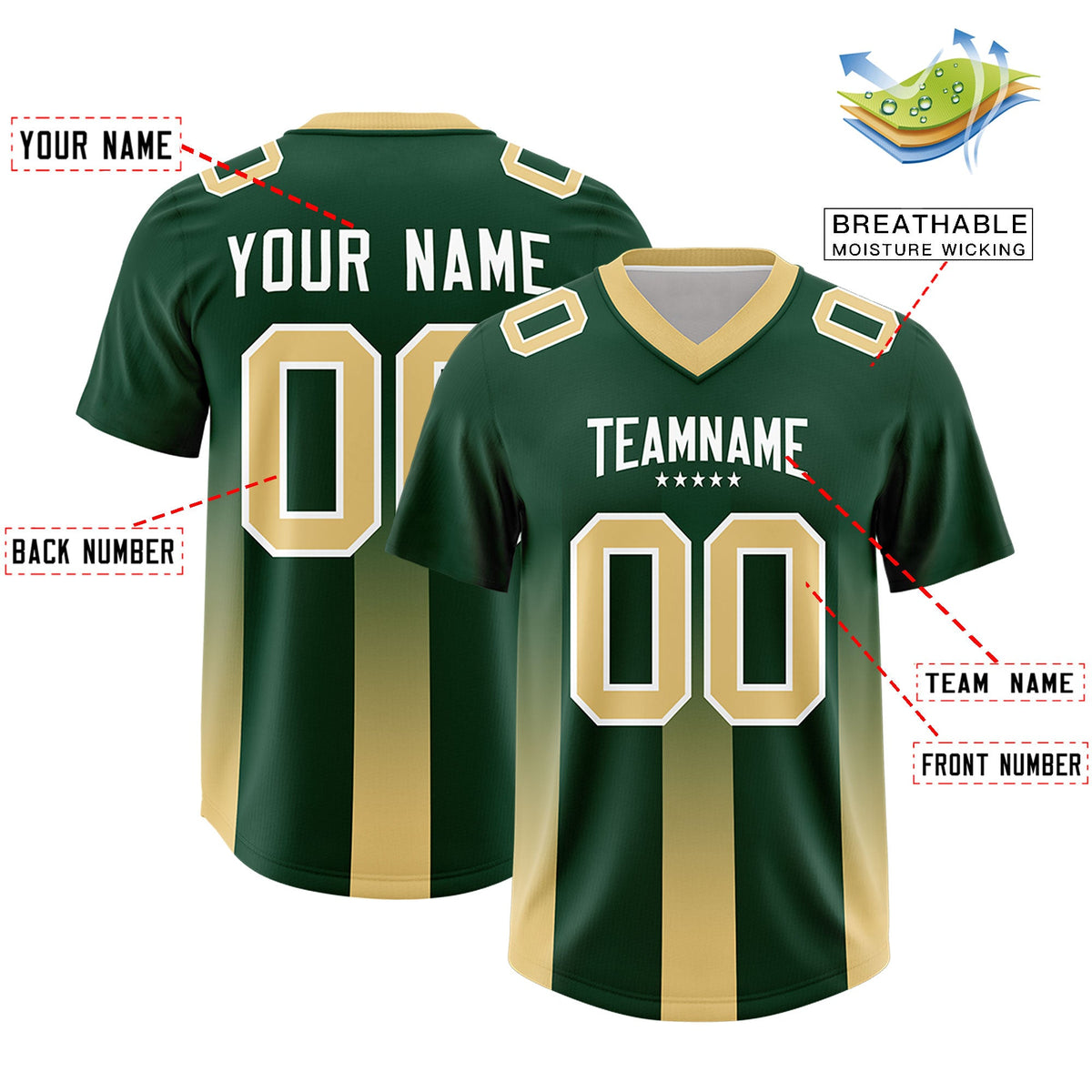 Custom Green Khaki Vertical Width Stripe Gradient Fashion Personalized Team American Football Jersey