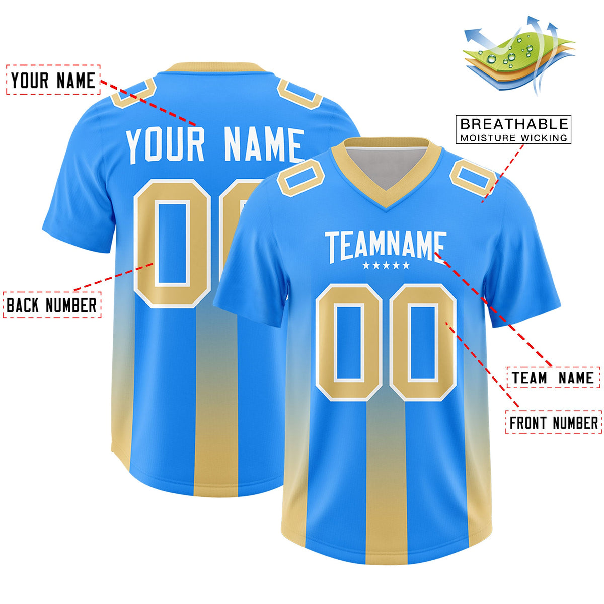 Custom Light Blue Khaki Vertical Width Stripe Gradient Fashion Personalized Team American Football Jersey