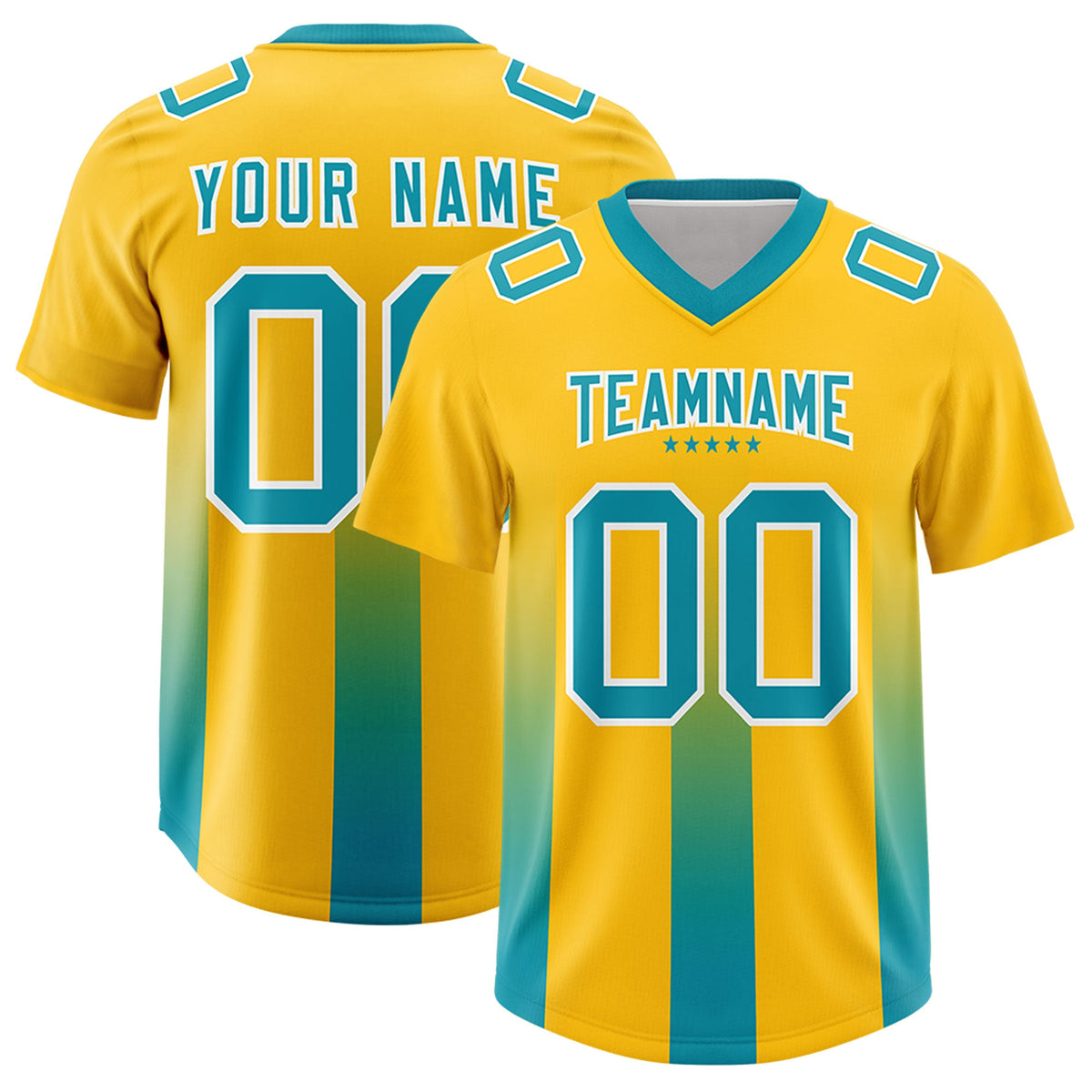 Custom Yellow Aqua Vertical Width Stripe Gradient Fashion Personalized Team American Football Jersey