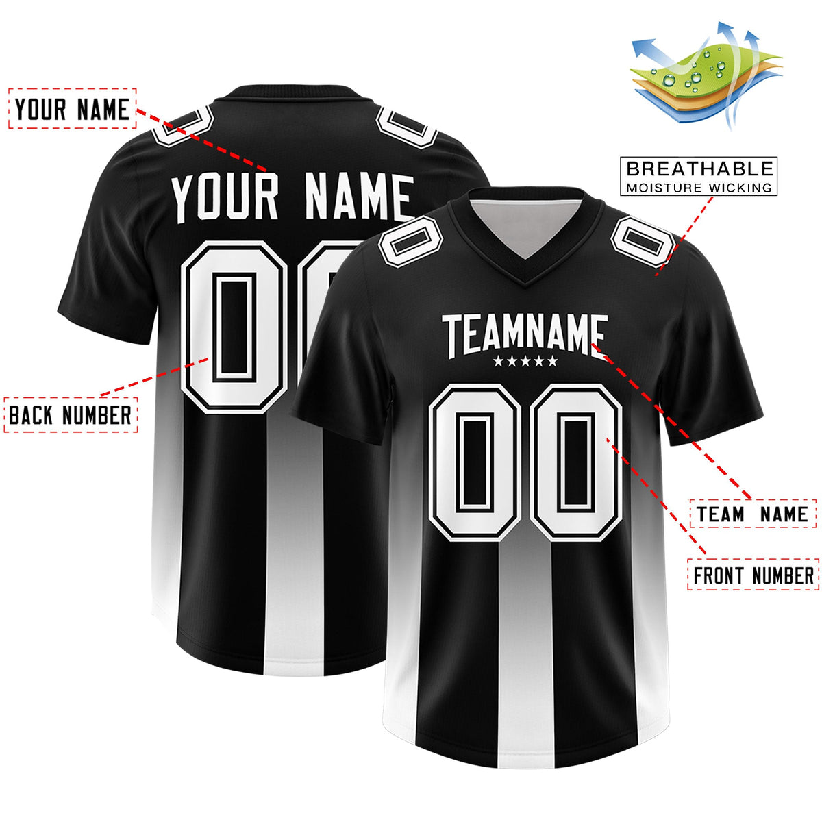 Custom Black White Vertical Width Stripe Gradient Fashion Personalized Team American Football Jersey