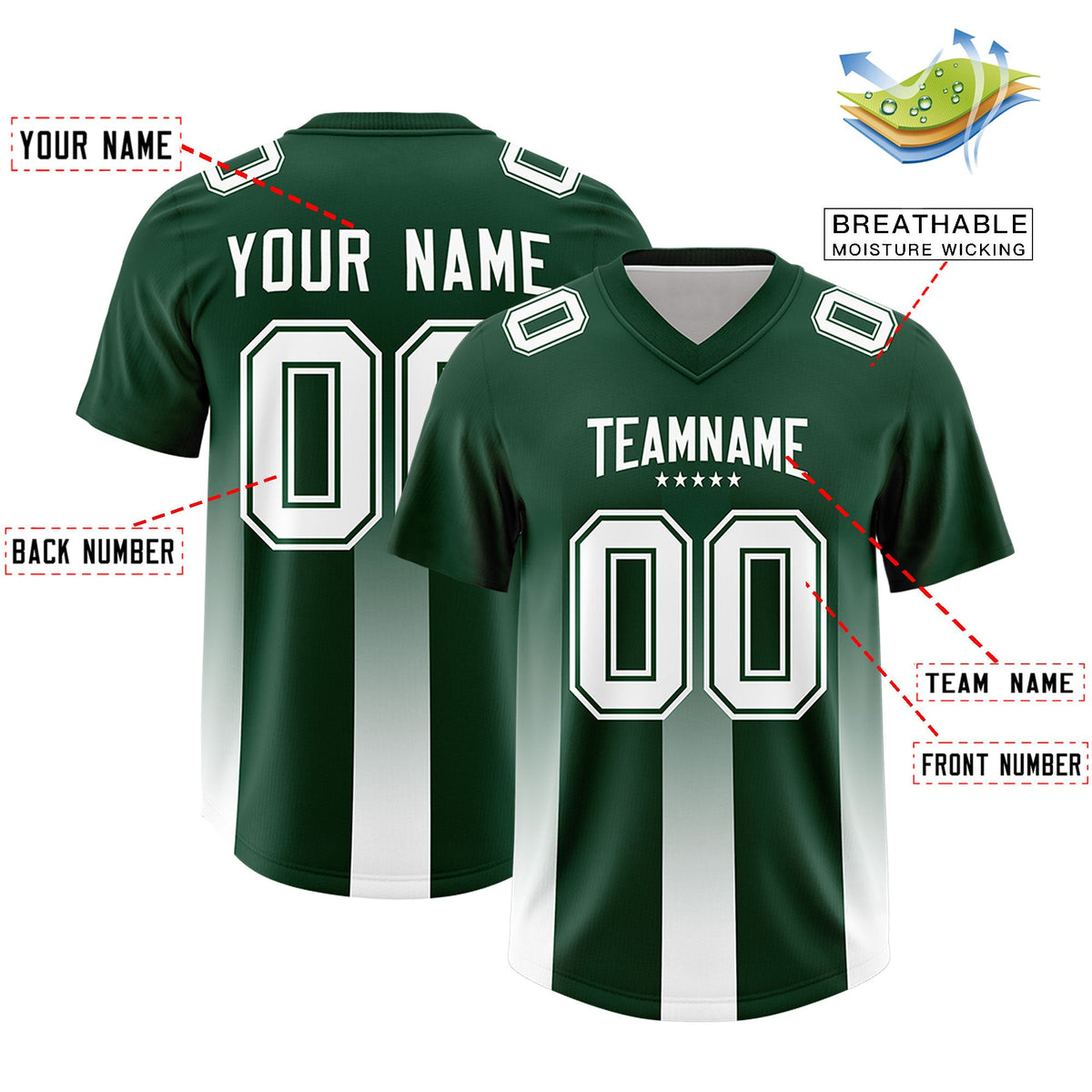Custom Green White Vertical Width Stripe Gradient Fashion Personalized Team American Football Jersey