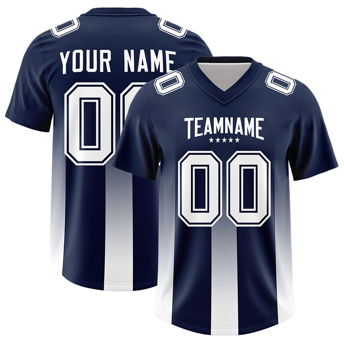 Custom Navy White Vertical Width Stripe Gradient Fashion Personalized Team American Football Jersey