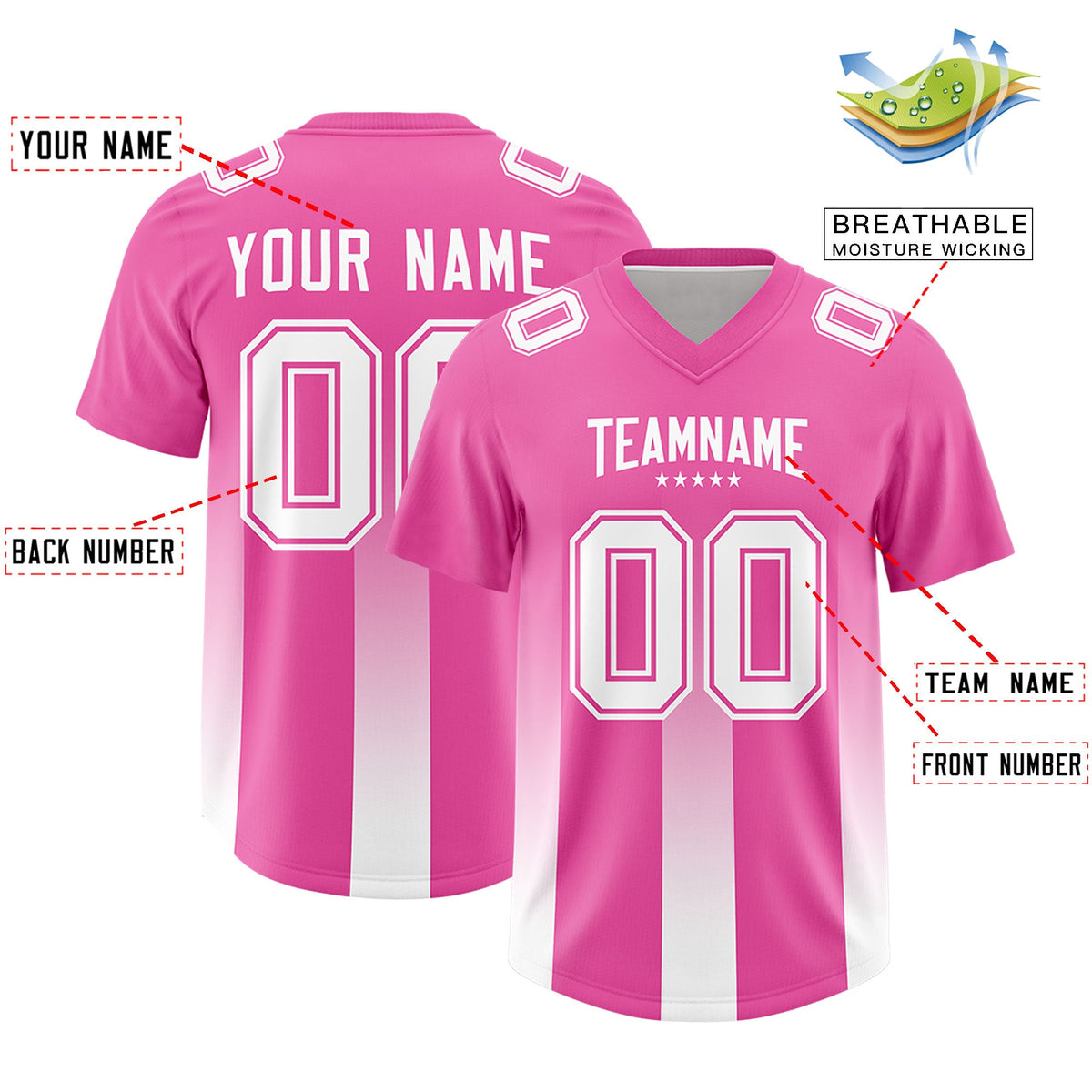 Custom Pink White Vertical Width Stripe Gradient Fashion Personalized Team Football Jersey
