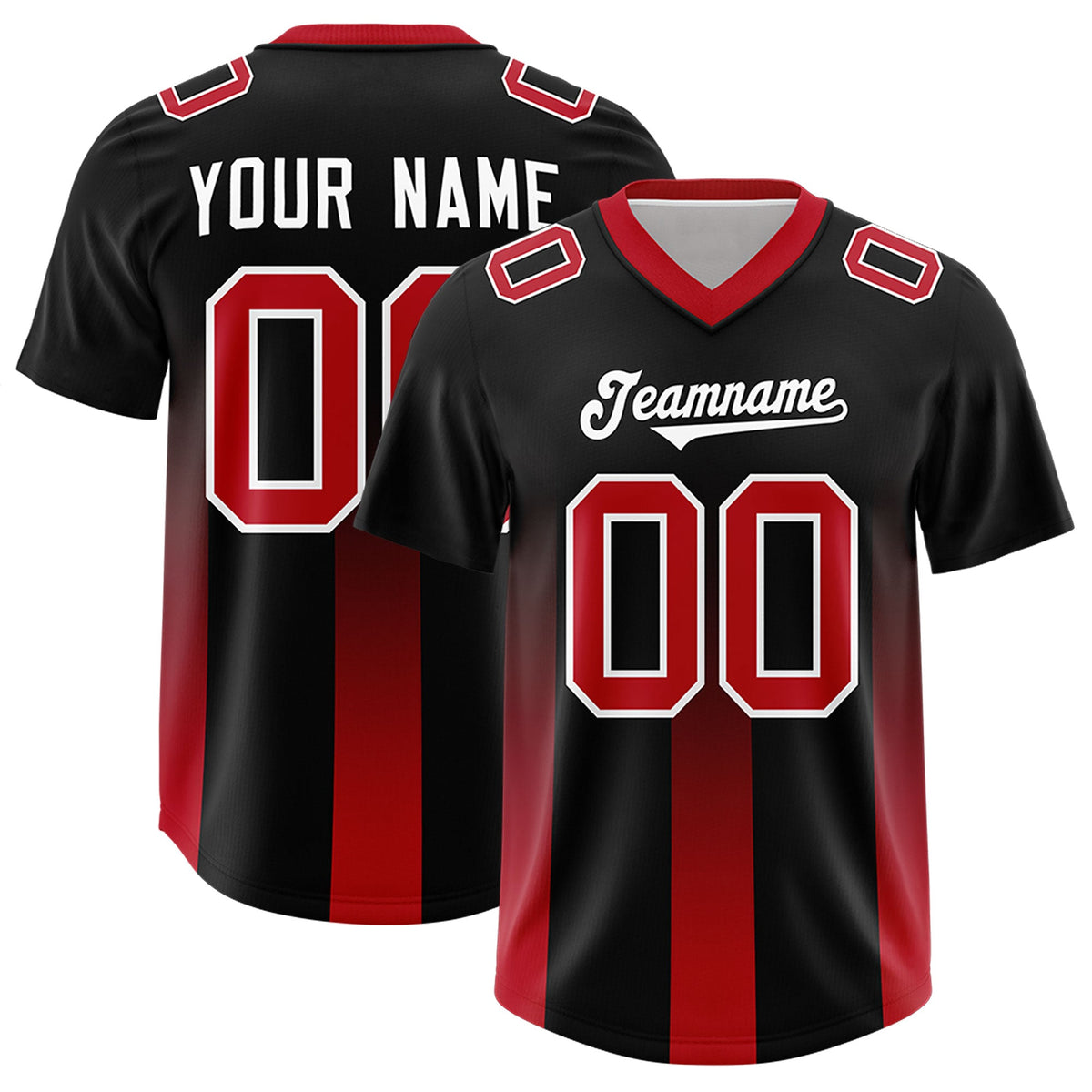 Custom Black Red Vertical Width Stripe Gradient Fashion Personalized Team American Football Jersey