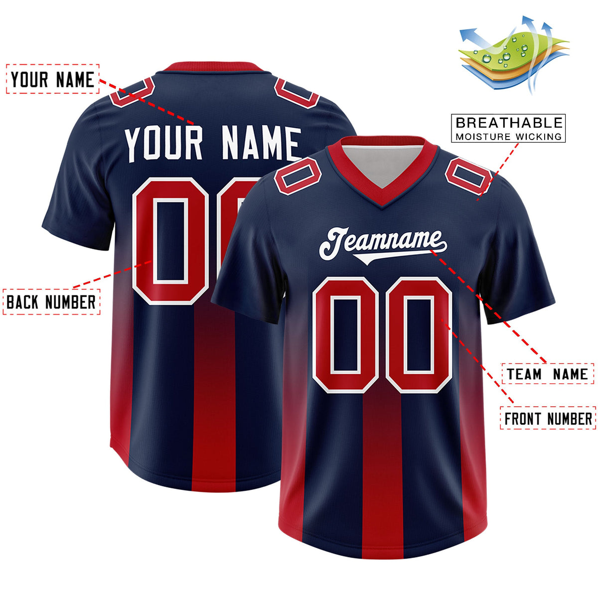 Custom Navy Red Vertical Width Stripe Gradient Fashion Personalized Team American Football Jersey
