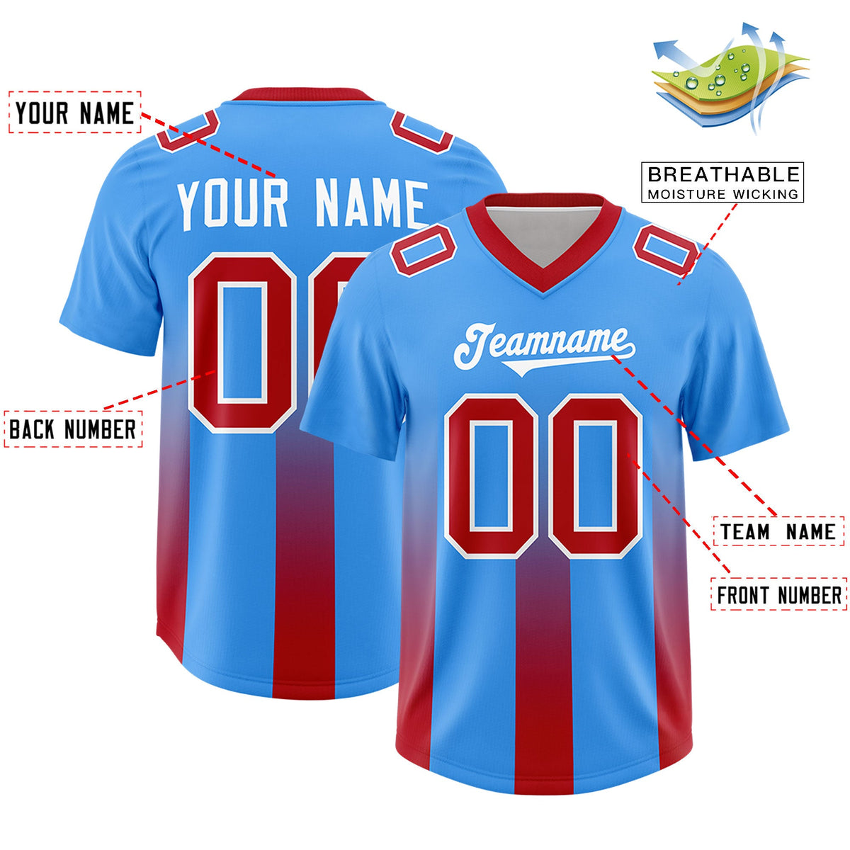 Custom Light Blue Red Vertical Width Stripe Gradient Fashion Personalized Team American Football Jersey