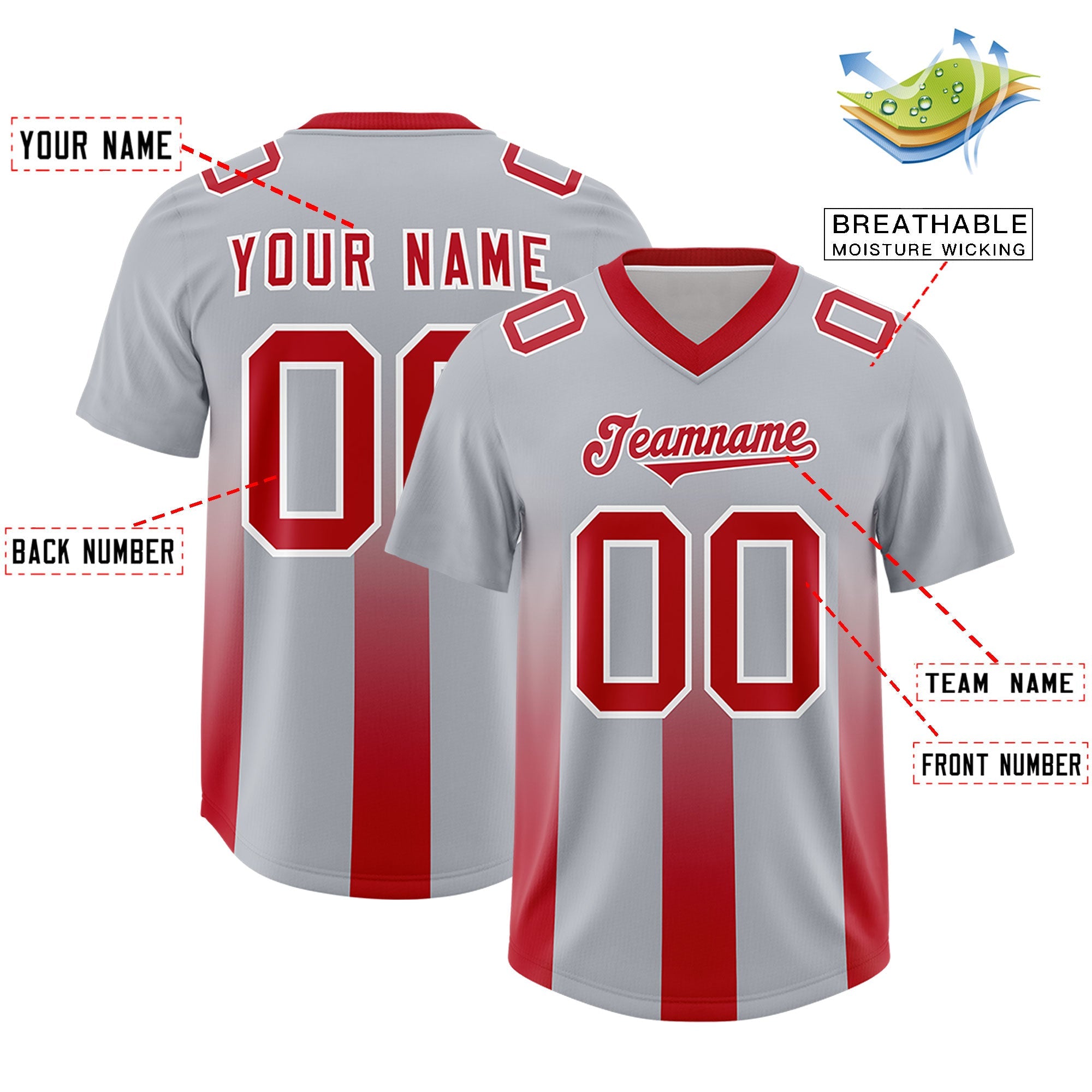 Custom Gray Red Vertical Width Stripe Gradient Fashion Personalized Team American Football Jersey