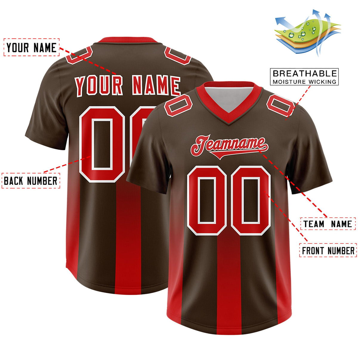 Custom Brown Red Vertical Width Stripe Gradient Fashion Personalized Team American Football Jersey