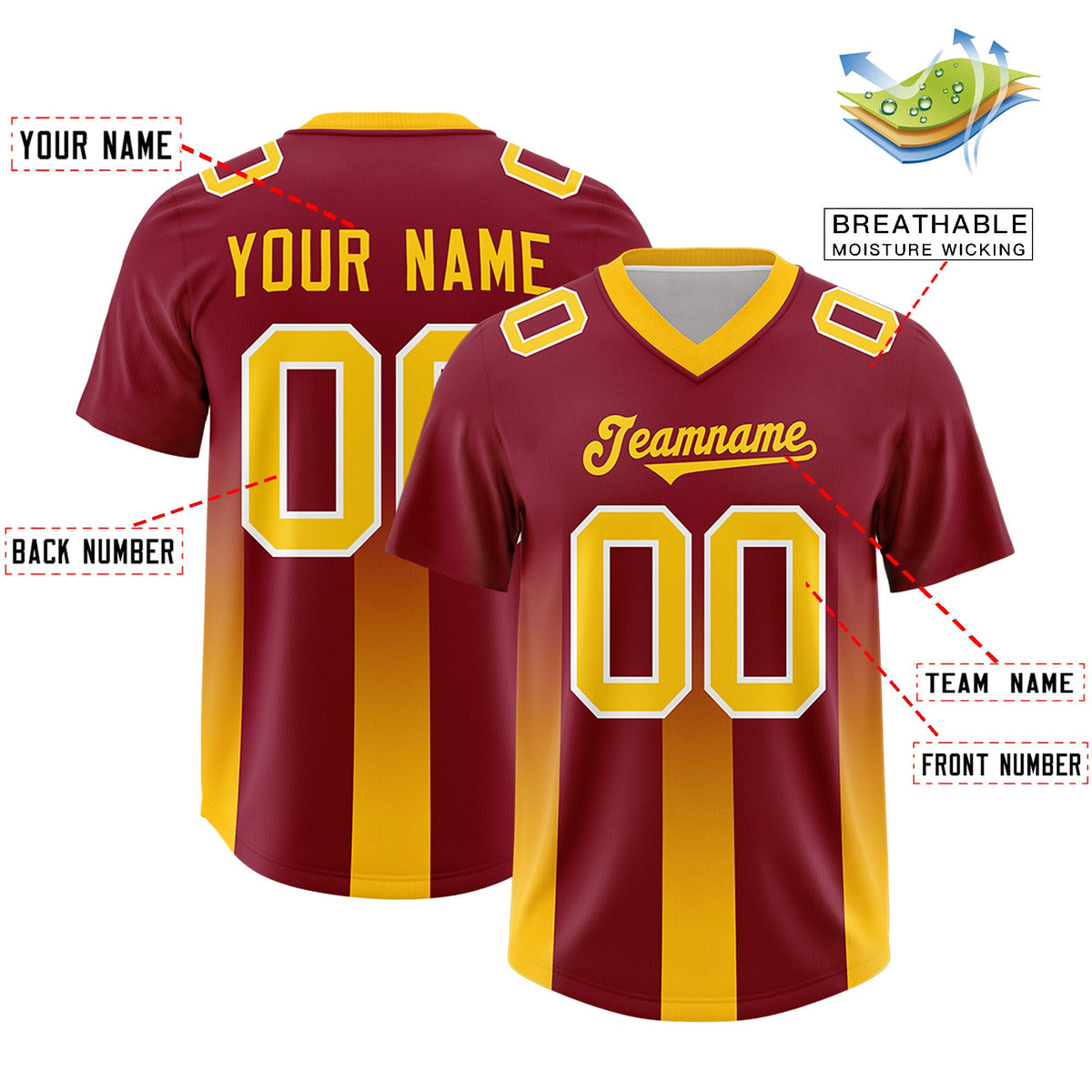 Custom Cardinal Yellow Vertical Width Stripe Gradient Fashion Personalized Team American Football Jersey