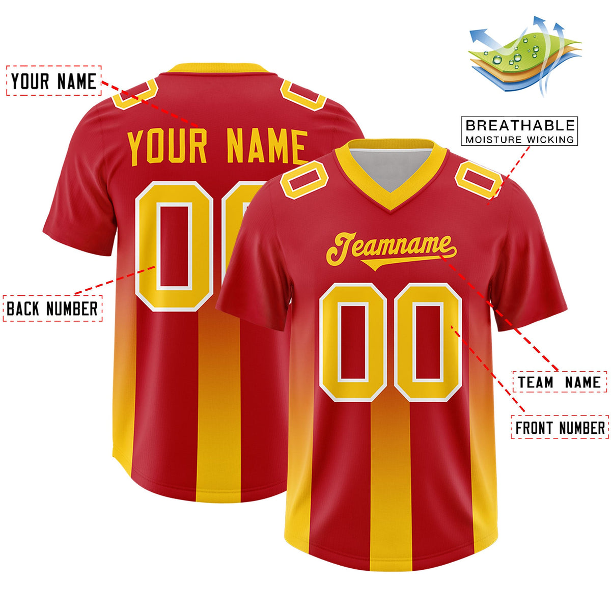 Custom Red Yellow Vertical Width Stripe Gradient Fashion Personalized Team American Football Jersey