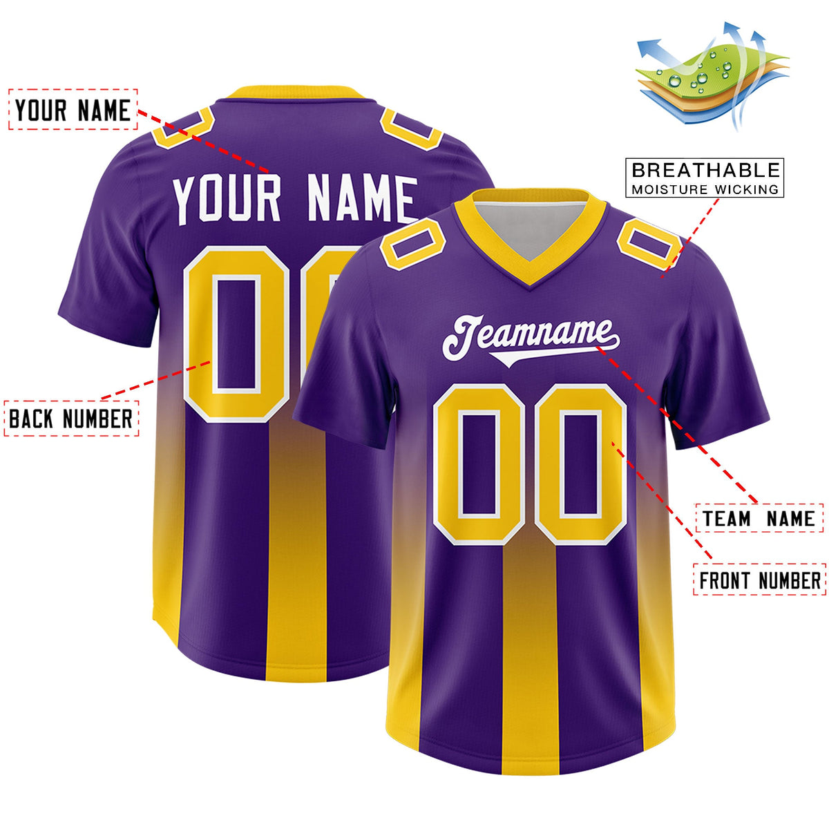 Custom Purple Yellow Vertical Width Stripe Gradient Fashion Personalized Team American Football Jersey