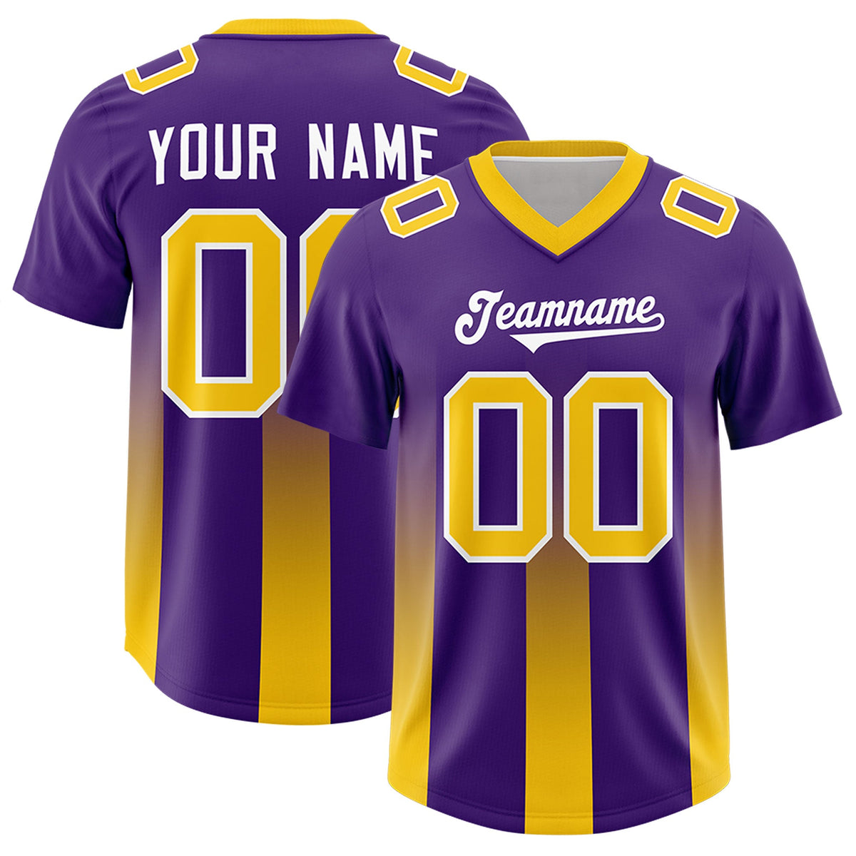 Custom Purple Yellow Vertical Width Stripe Gradient Fashion Personalized Team American Football Jersey