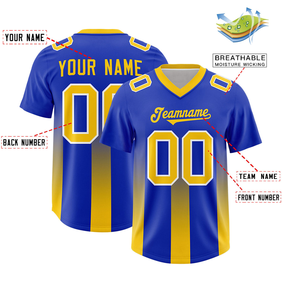 Custom Royal Yellow Vertical Width Stripe Gradient Fashion Personalized Team American Football Jersey