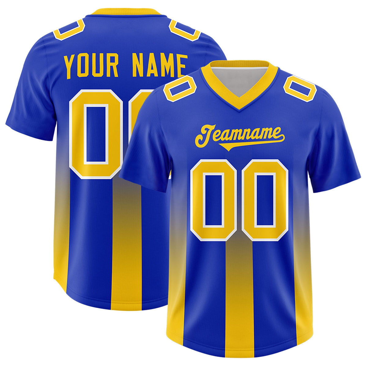 Custom Royal Yellow Vertical Width Stripe Gradient Fashion Personalized Team American Football Jersey