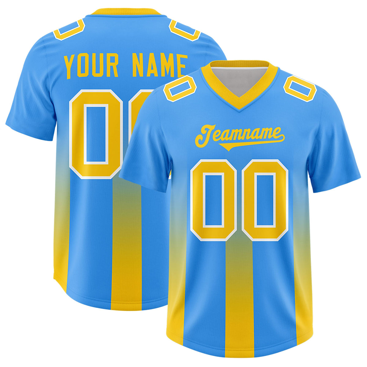 Custom Light Blue Yellow Vertical Width Stripe Gradient Fashion Personalized Team American Football Jersey