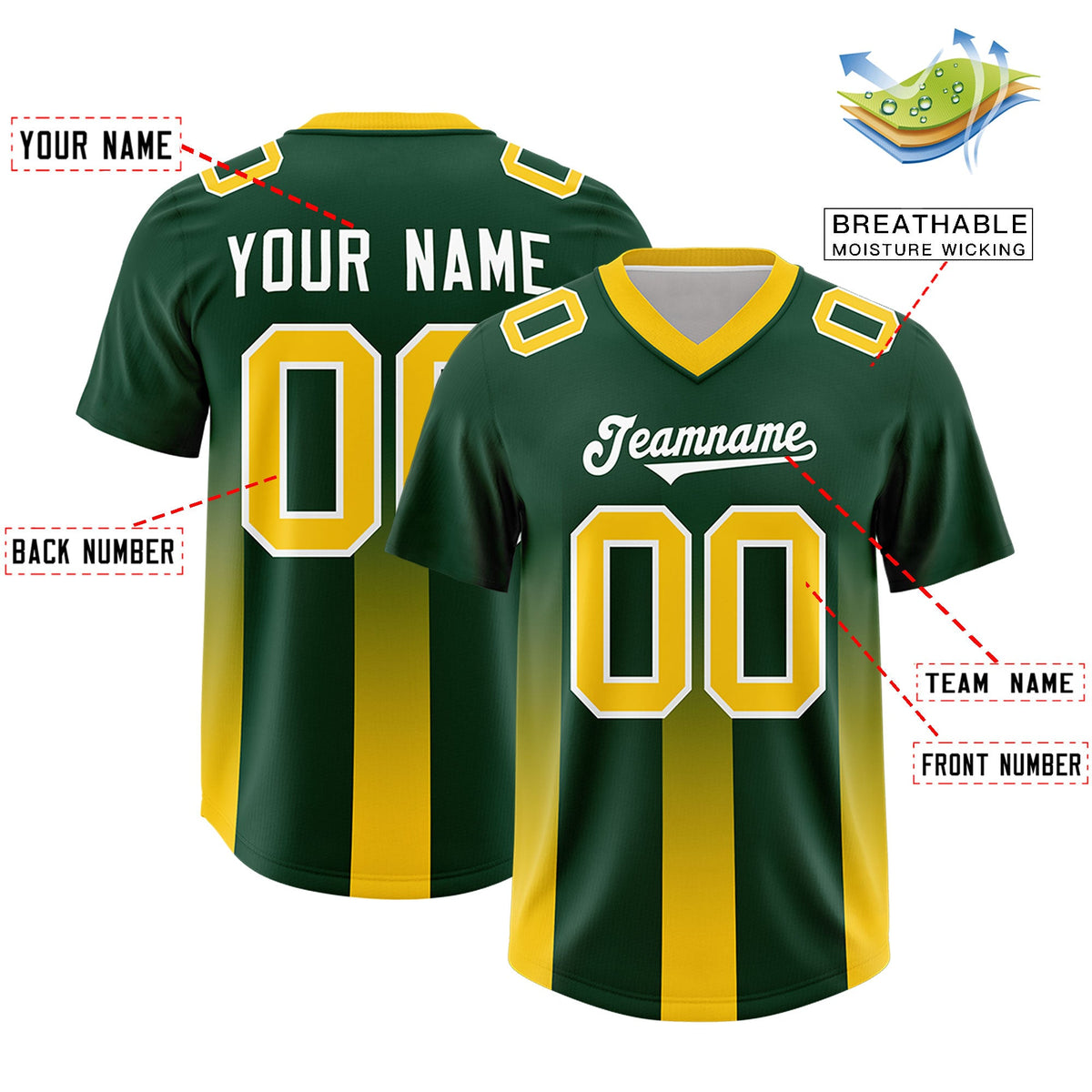 Custom Green Yellow Vertical Width Stripe Gradient Fashion Personalized Team American Football Jersey