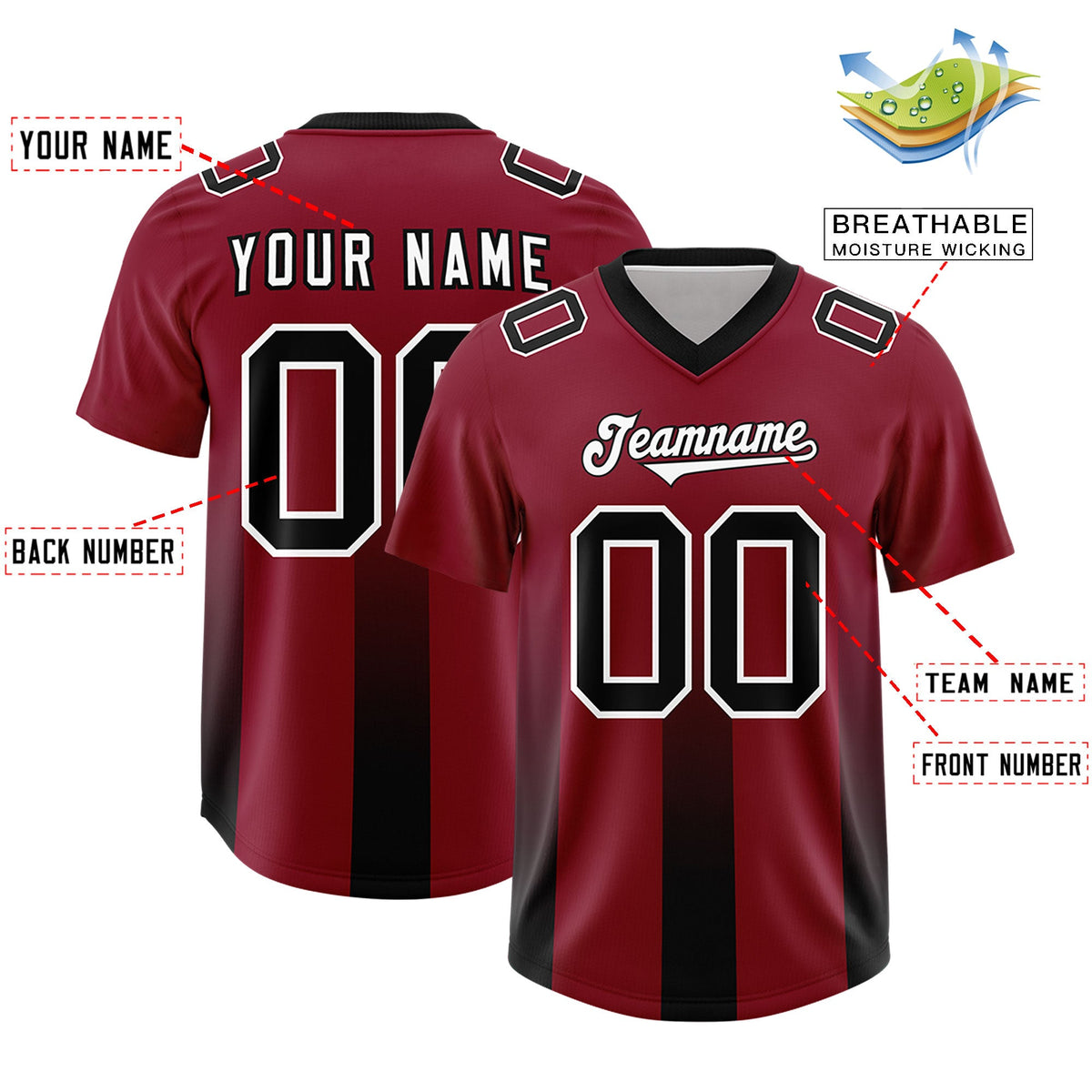 Custom Cardinal Black Vertical Width Stripe Gradient Fashion Personalized Team American Football Jersey