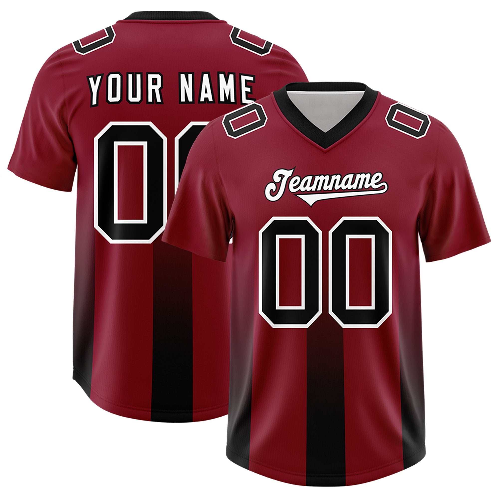 Custom Cardinal Black Vertical Width Stripe Gradient Fashion Personalized Team American Football Jersey