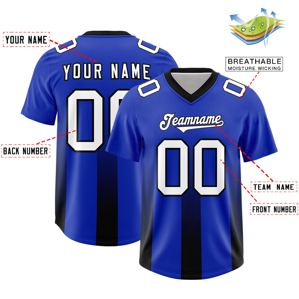 Custom Royal Black Vertical Width Stripe Gradient Fashion Personalized Team American Football Jersey