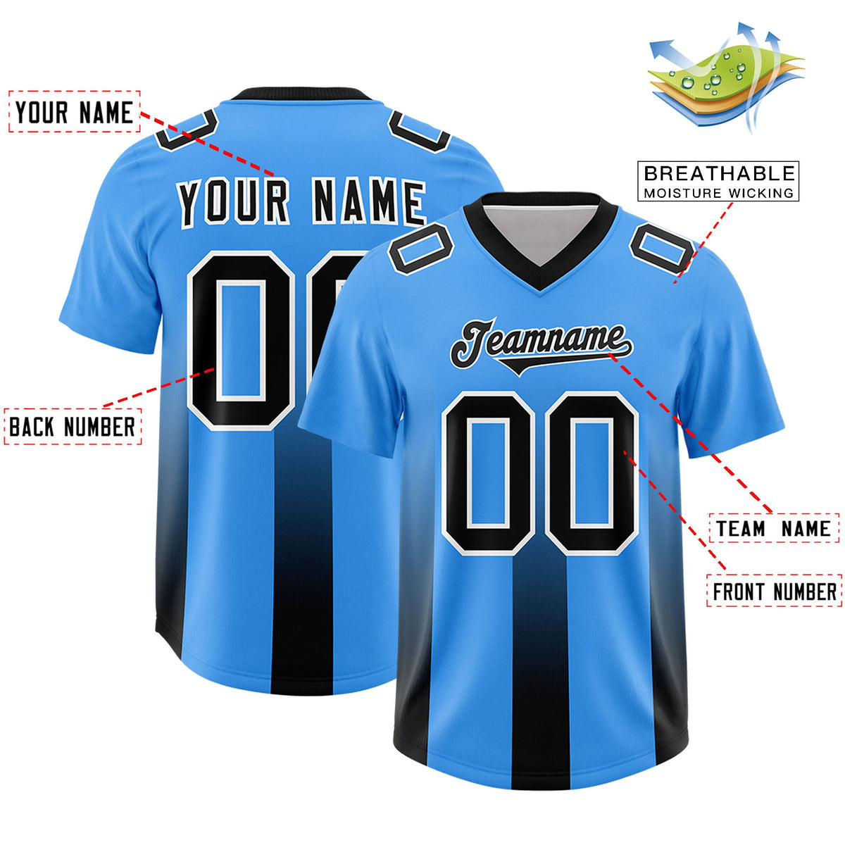 Custom Light Blue Black Vertical Width Stripe Gradient Fashion Personalized Team American Football Jersey