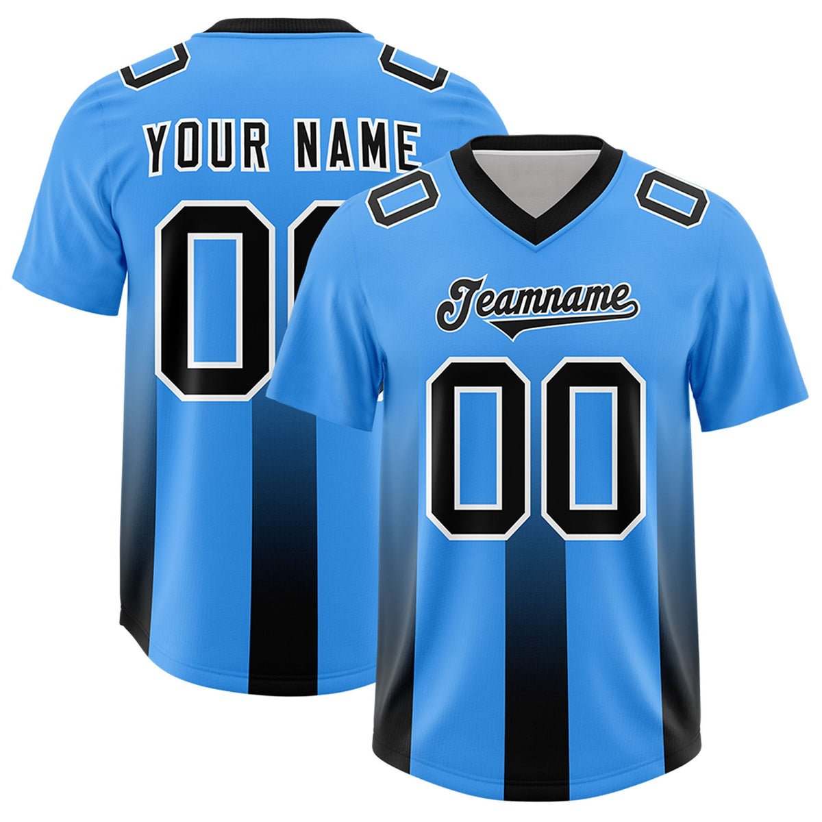 Custom Light Blue Black Vertical Width Stripe Gradient Fashion Personalized Team American Football Jersey
