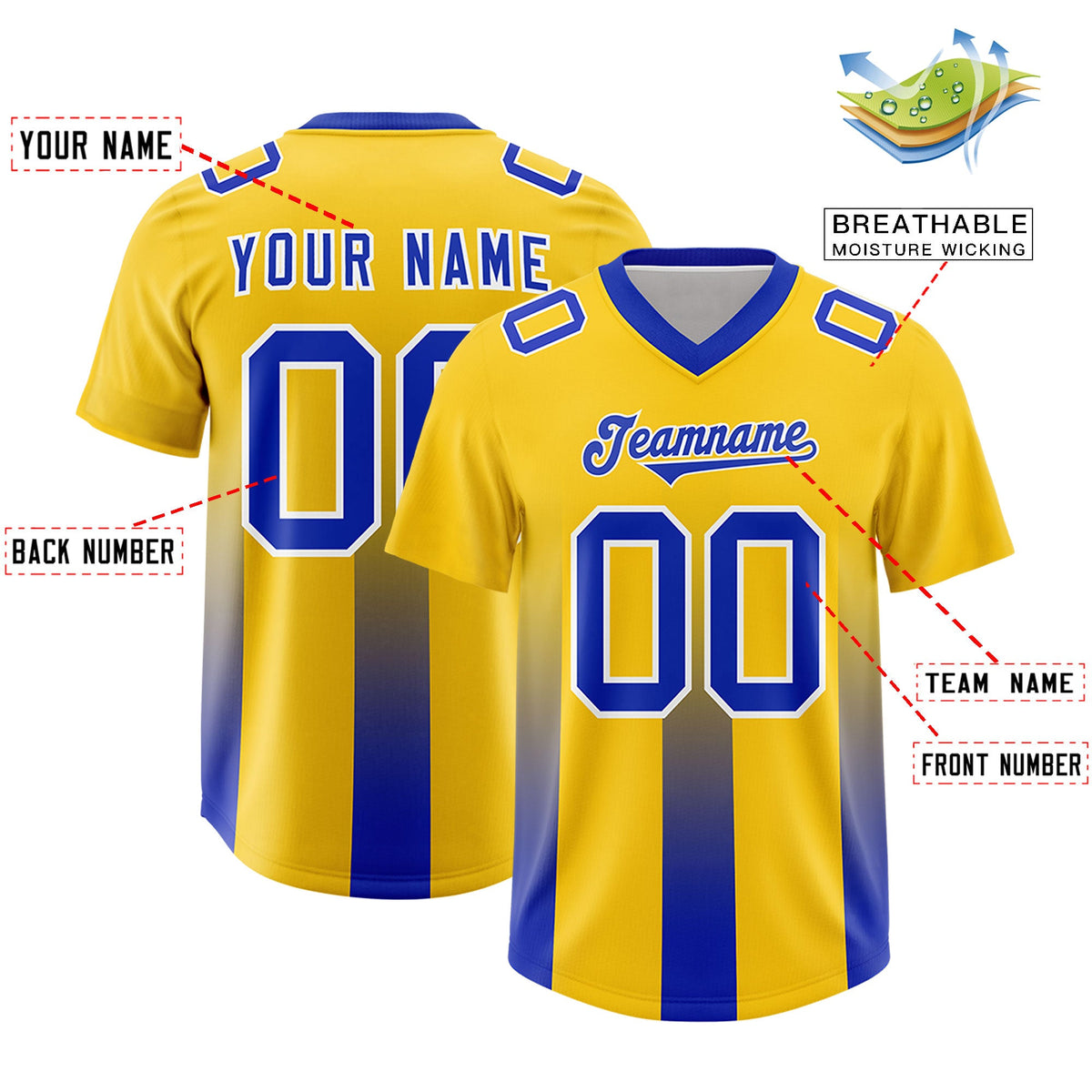 Custom Yellow Royal Vertical Width Stripe Gradient Fashion Personalized Team American Football Jersey