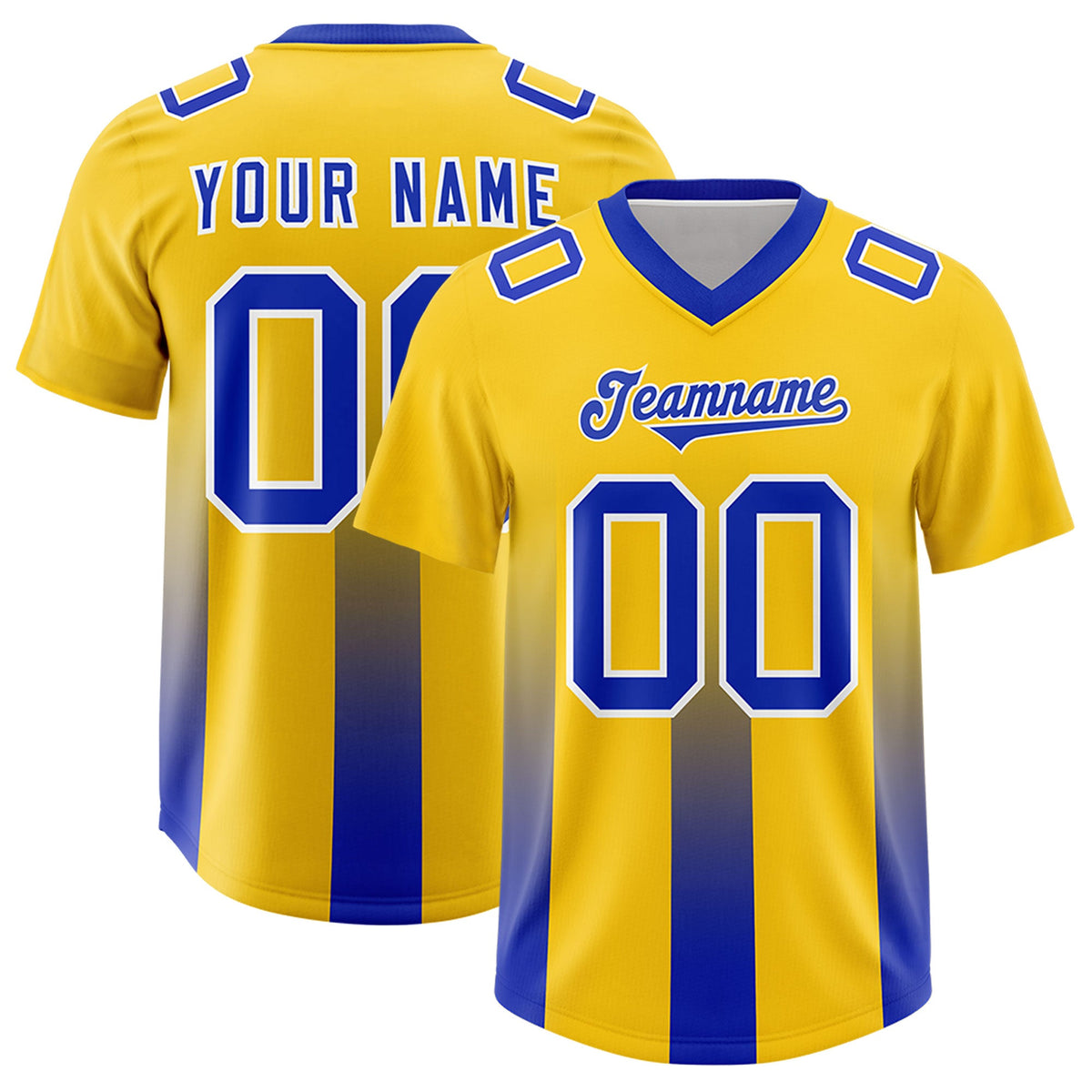 Custom Yellow Royal Vertical Width Stripe Gradient Fashion Personalized Team American Football Jersey