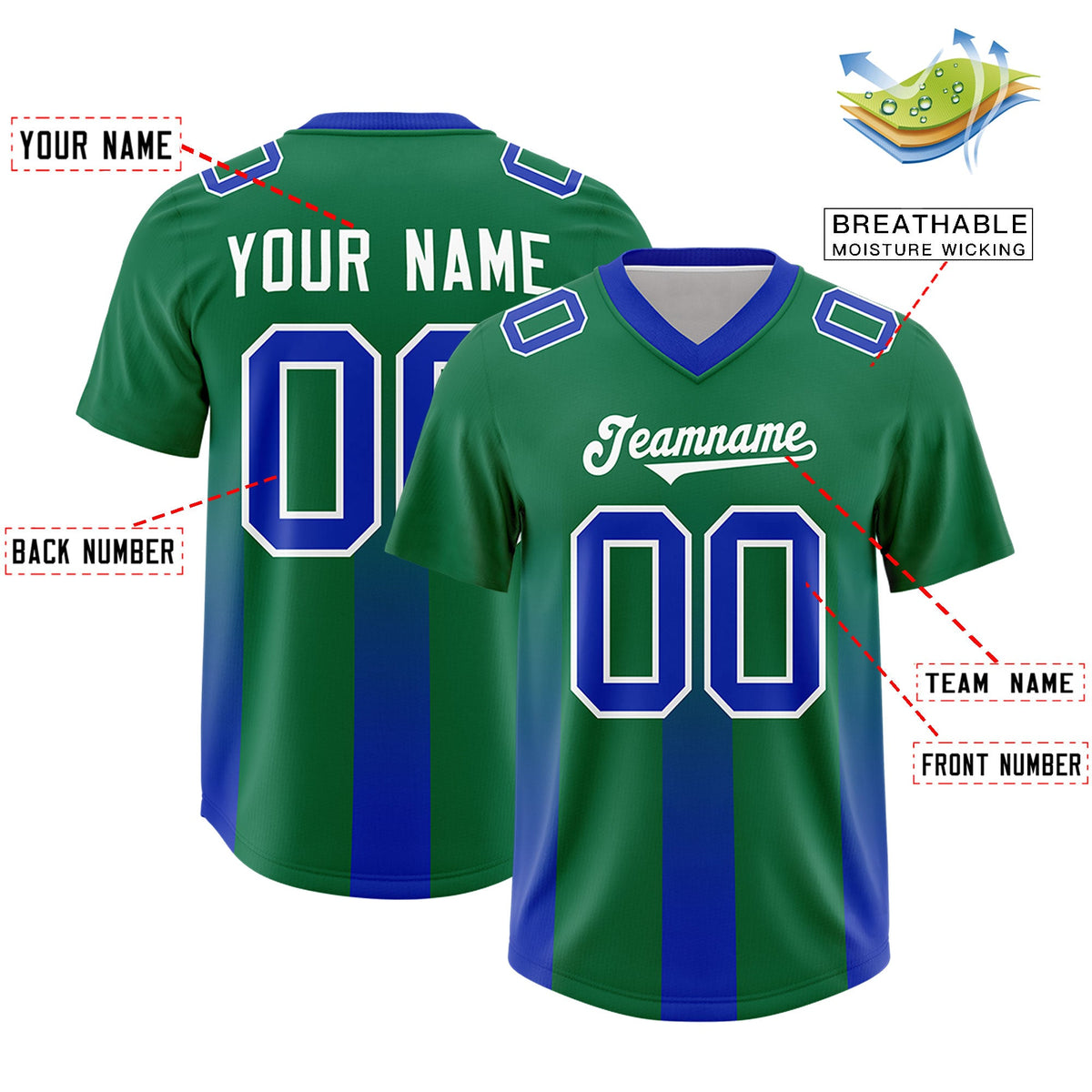 Custom Kelly Green Royal Vertical Width Stripe Gradient Fashion Personalized Team American Football Jersey