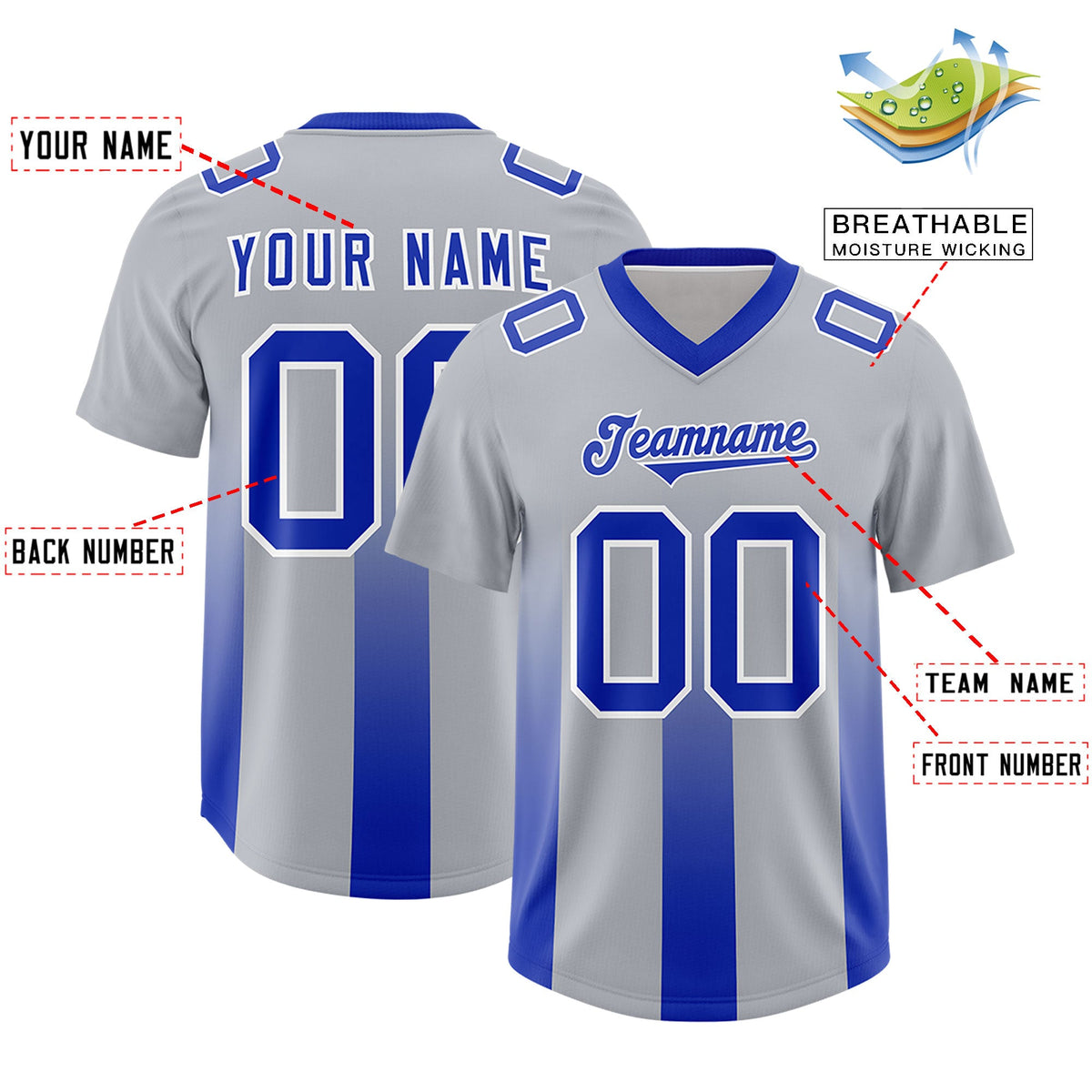 Custom Gray Royal Vertical Width Stripe Gradient Fashion Personalized Team American Football Jersey