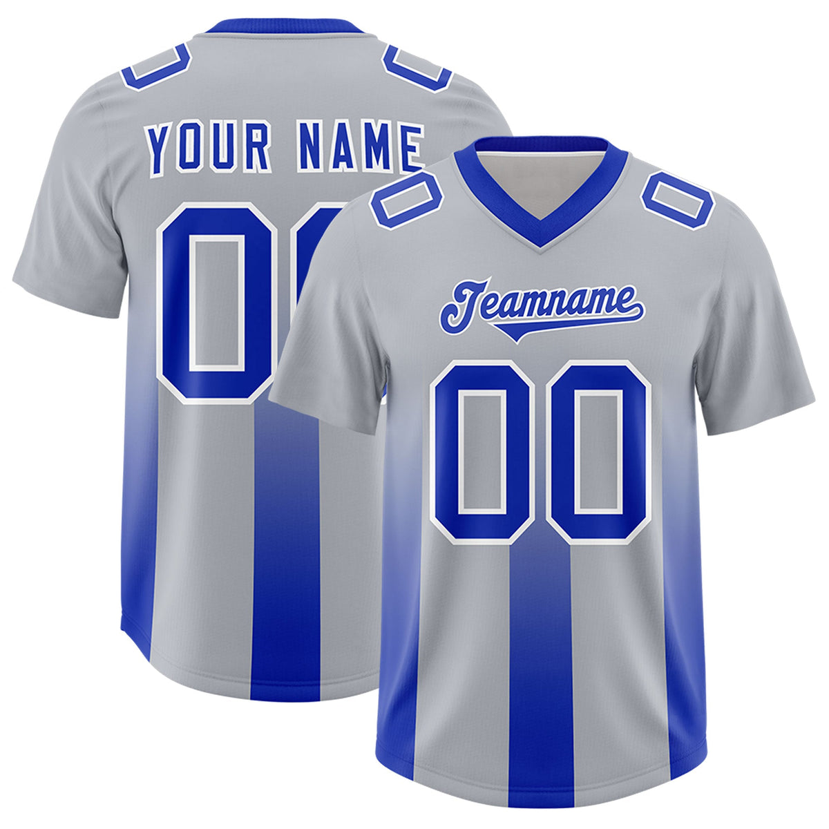 Custom Gray Royal Vertical Width Stripe Gradient Fashion Personalized Team American Football Jersey