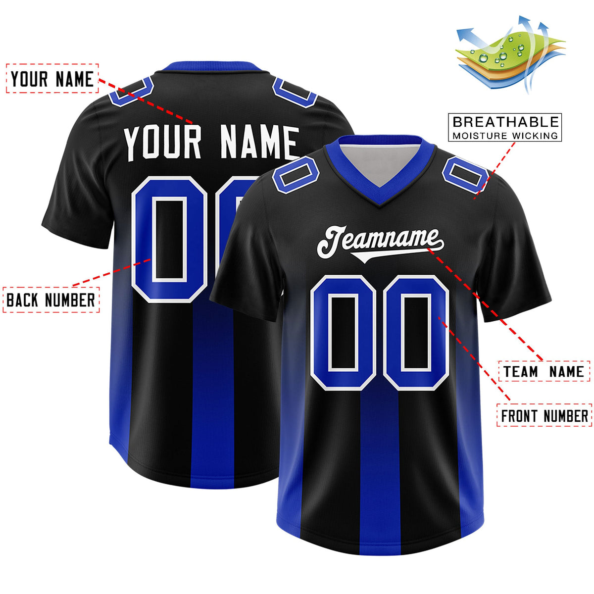 Custom Black Royal Vertical Width Stripe Gradient Fashion Personalized Team American Football Jersey