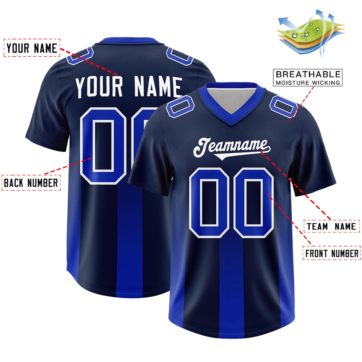 Custom Navy Royal Vertical Width Stripe Gradient Fashion Personalized Team American Football Jersey
