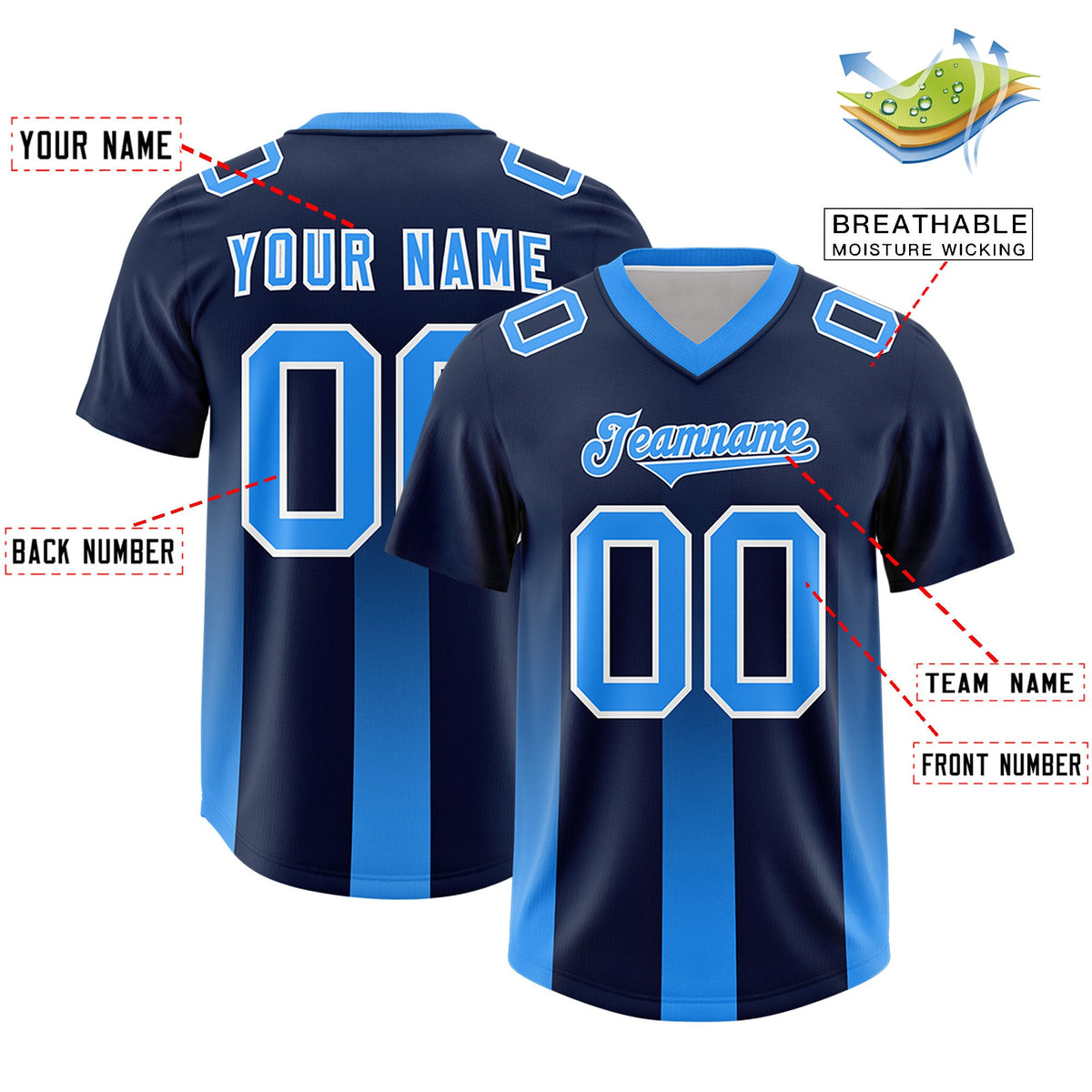 Custom Navy Light Blue Vertical Width Stripe Gradient Fashion Personalized Team American Football Jersey