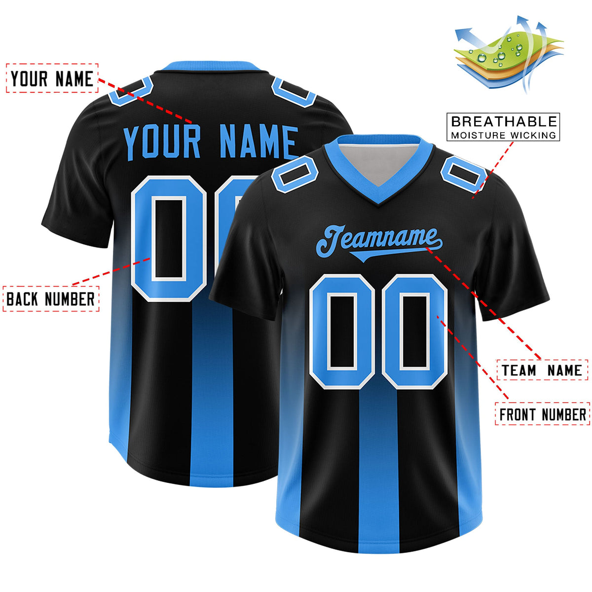 Custom Black Light Blue Vertical Width Stripe Gradient Fashion Personalized Team American Football Jersey