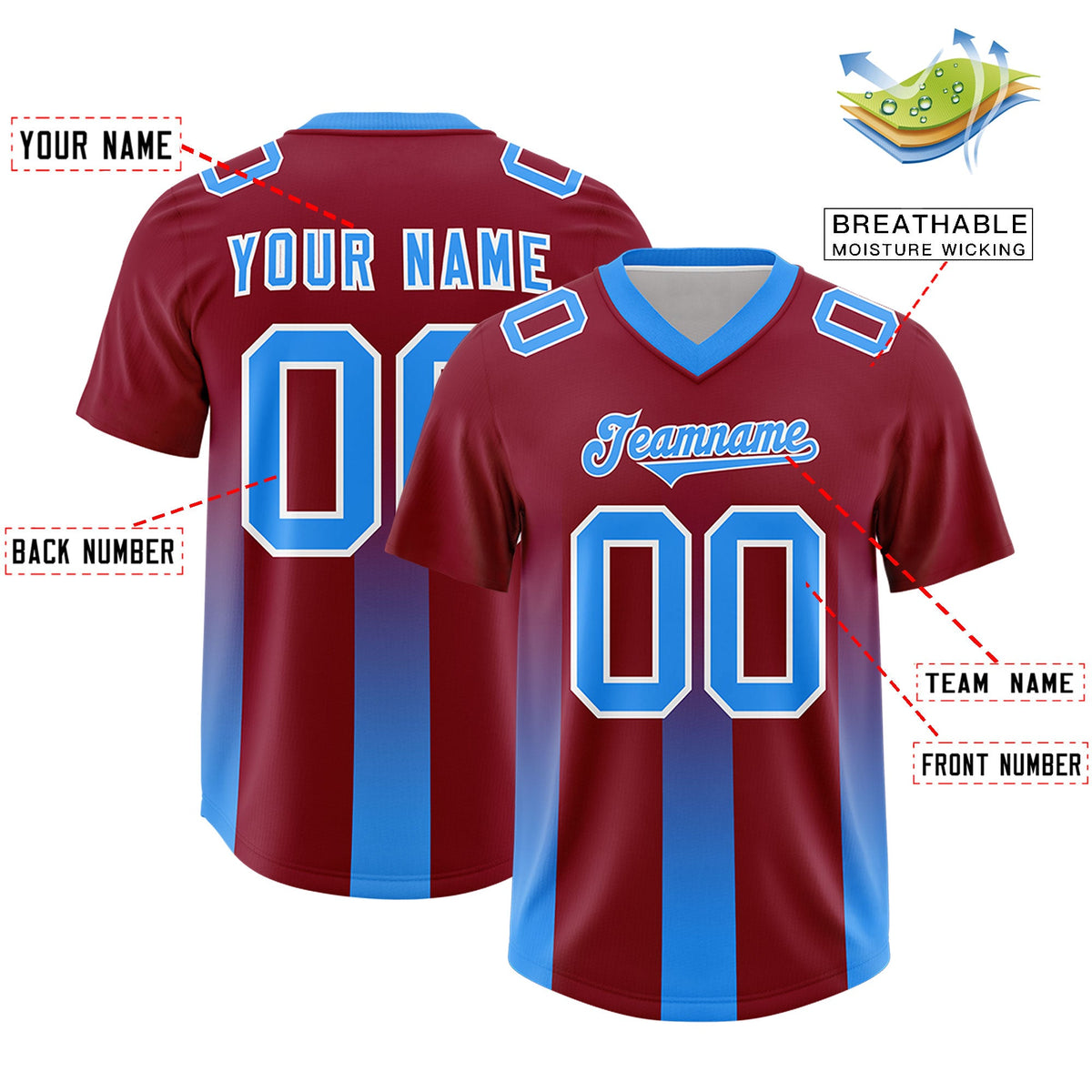 Custom Cardinal Light Blue Vertical Width Stripe Gradient Fashion Personalized Team American Football Jersey