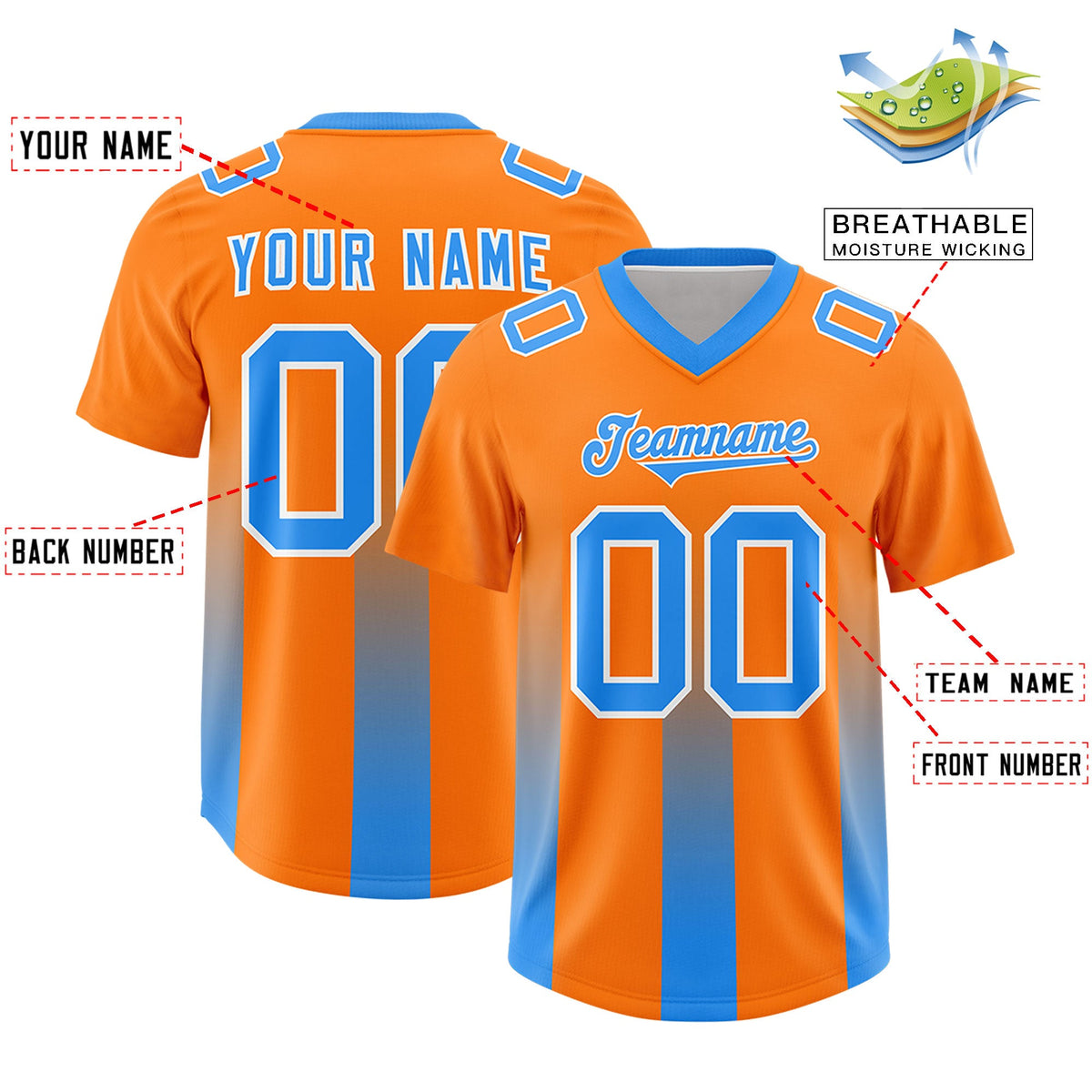 Custom Orange Light Blue Vertical Width Stripe Gradient Fashion Personalized Team American Football Jersey
