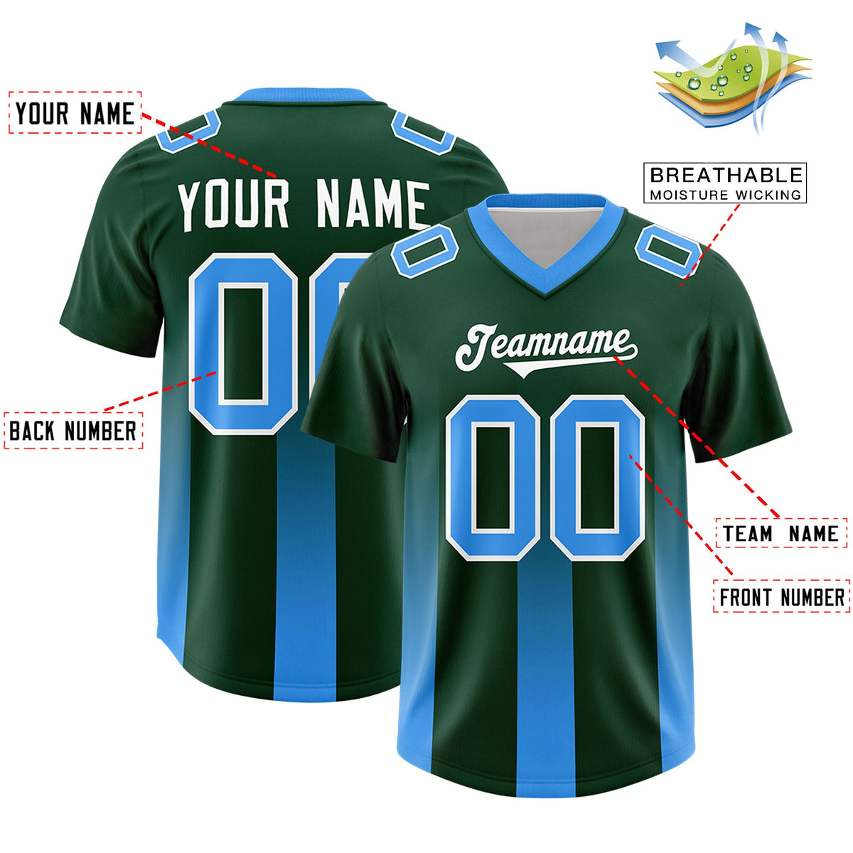 Custom Green Light Blue Vertical Width Stripe Gradient Fashion Personalized Team American Football Jersey