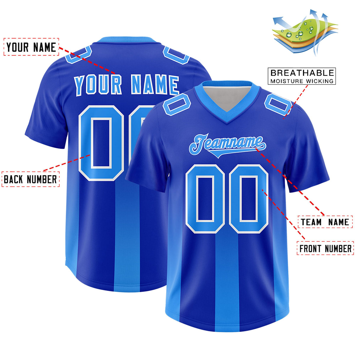 Custom Royal Light Blue Vertical Width Stripe Gradient Fashion Personalized Team American Football Jersey